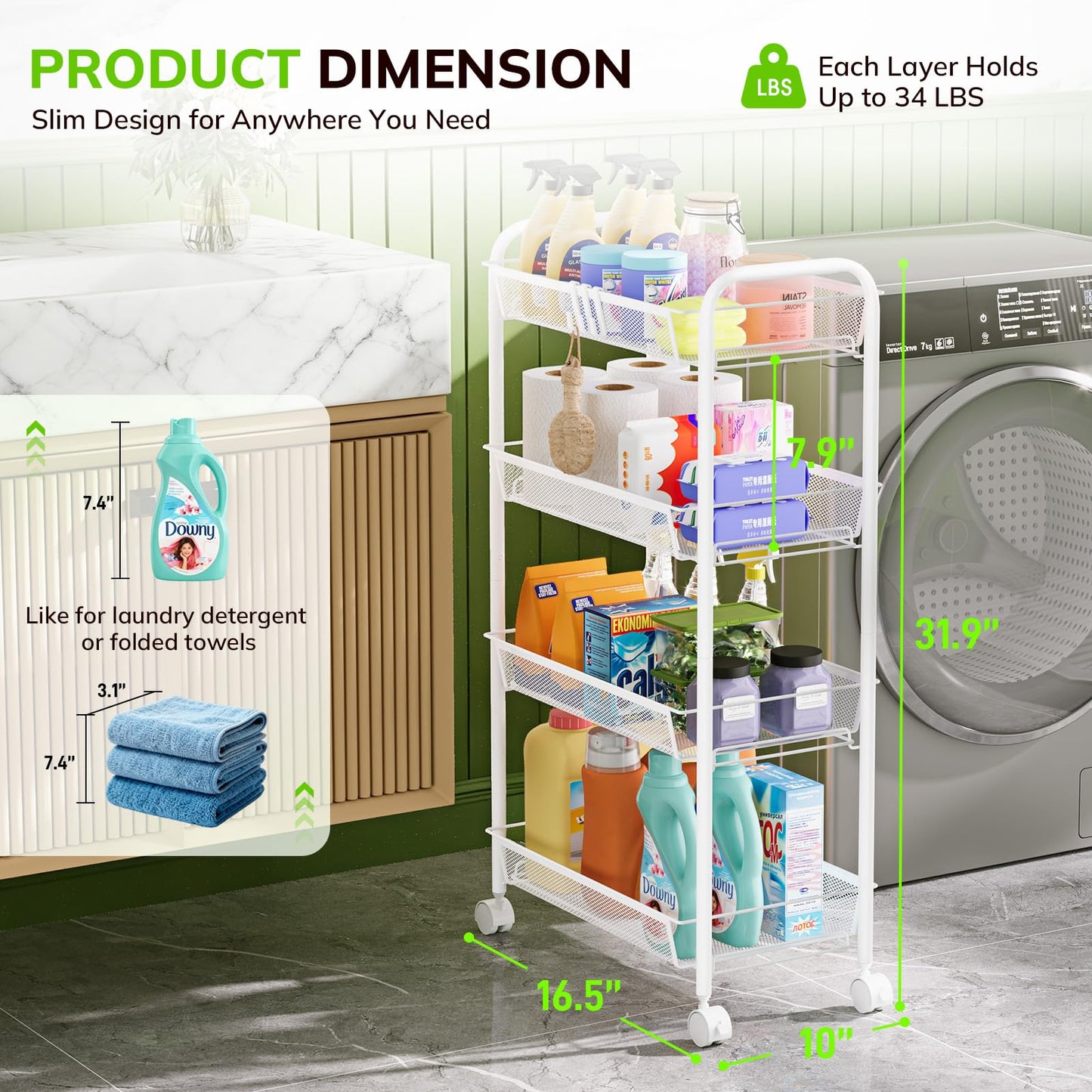 Goovilla 4-Tier Metal Rolling Cart, Mesh Wire Easy Assemble Utility Cart, Storage Trolley on Wheels with 4 Hooks, Metal Storage Shelving Units for Kitchen Bathroom Laundry Living Room, White