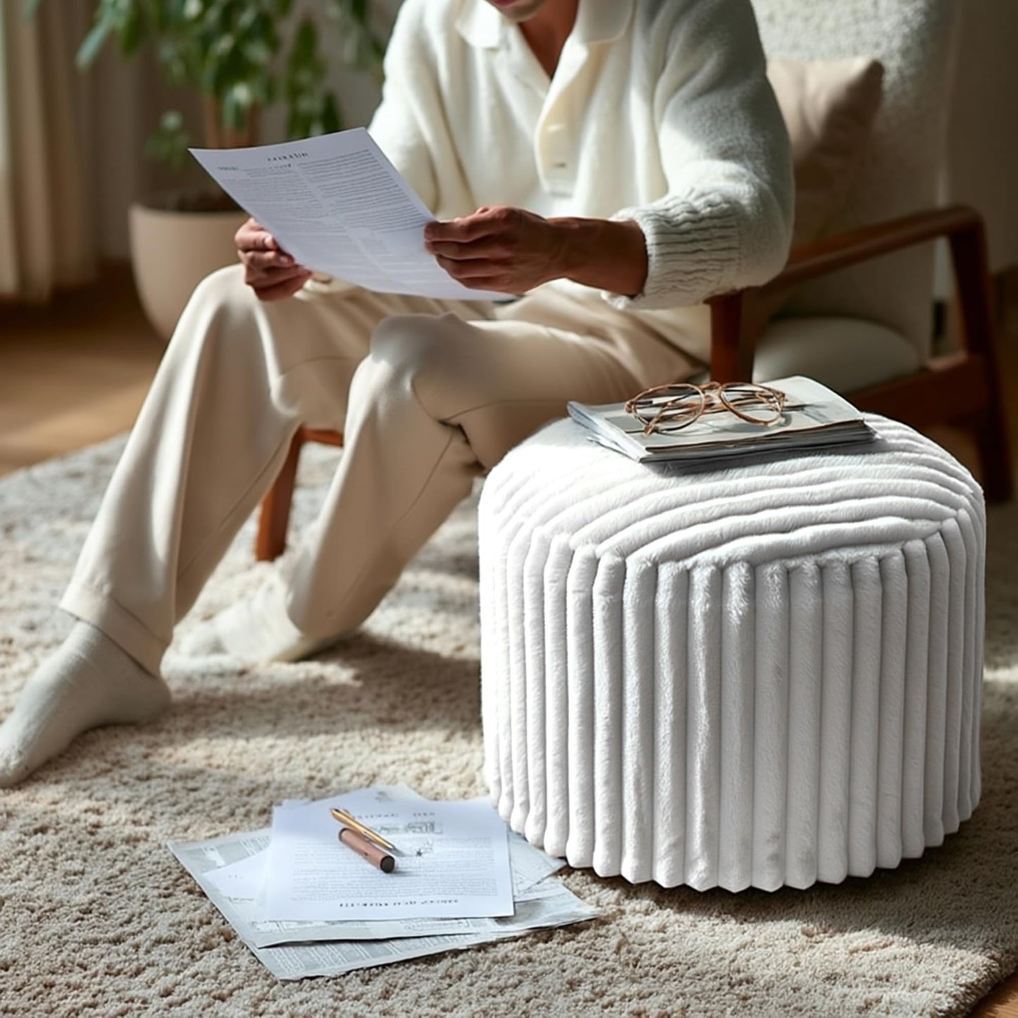 DAWNYIELD Round Stuffed Pouf Ottoman Stripe Faux Fur Footrest Stool, Solid Block Support+Soft Cushion Comfort, Removable Washable Cover, 20" Floor Pouf for Living Room Bedroom Dorm Vanity, Cream Beige