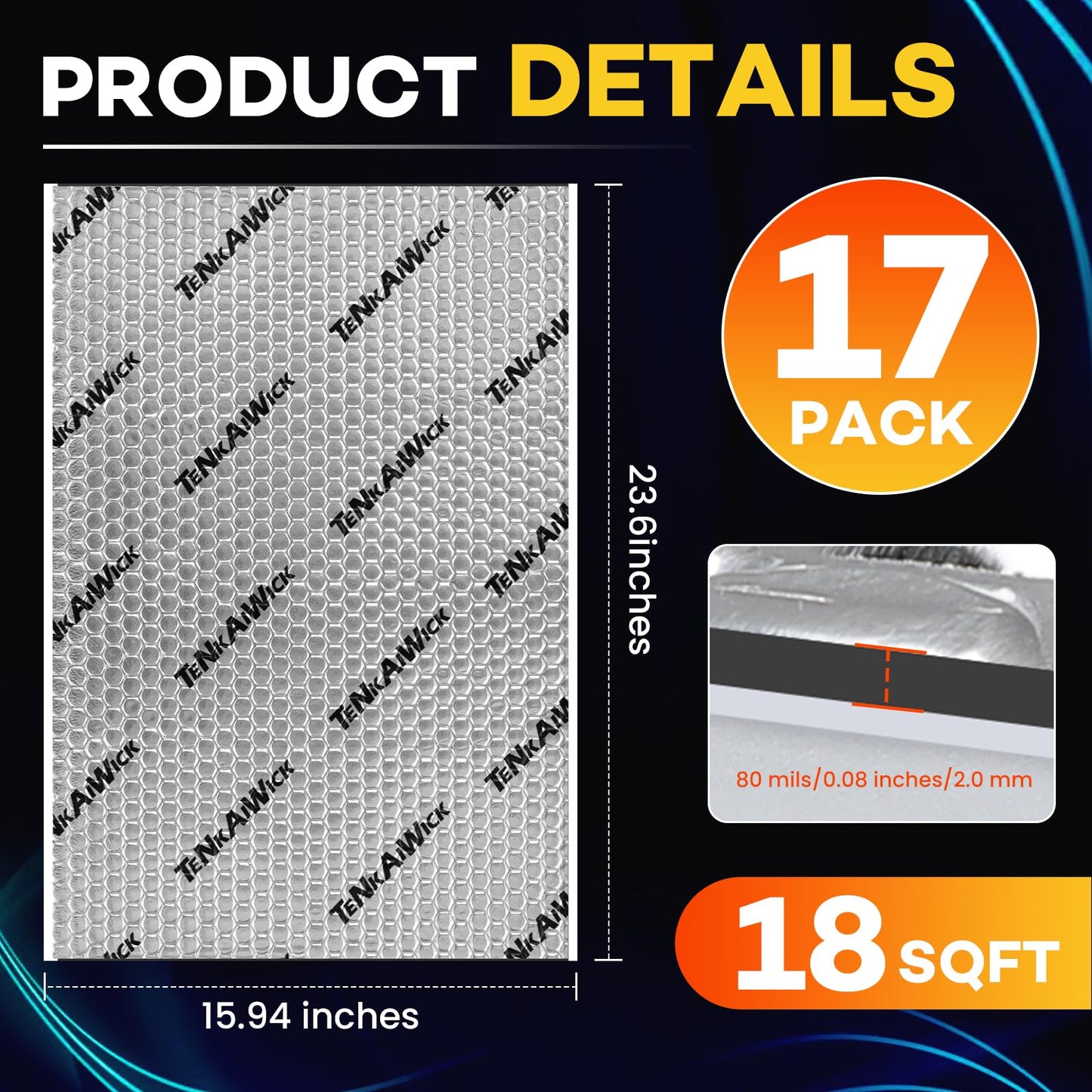 18 sqft (1.7 sqm) Car Sound Deadening Mat 80 mil , 34 Pack Sound Deadener for Vehicles , Butyl Automotive Sound Deadener, Audio Noise Insulation and dampening Mat