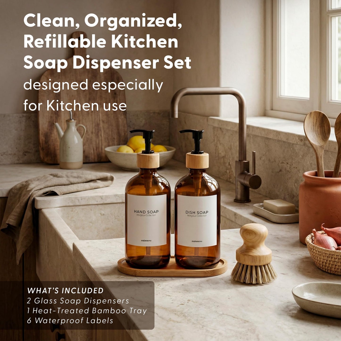 MaisoNovo Glass Dish Soap Dispenser for Kitchen Sink Set of 2-500 ml Dish and Hand Soap Dispenser Set for Kitchen - Amber Glass Bottles with Black Bamboo Pumps x 2, Bamboo Tray
