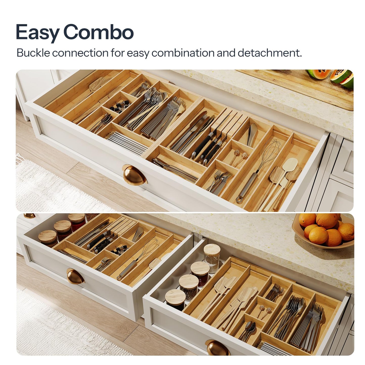 HO0BRO Large Silverware Organizer Kitchen Drawer Organizer, Magnetic Connected Expandable Utensil Organizer From 58 to 90 cm, Bamboo 16 Slots Cutlery Tray with Knife Holder, Natural YL07TL01