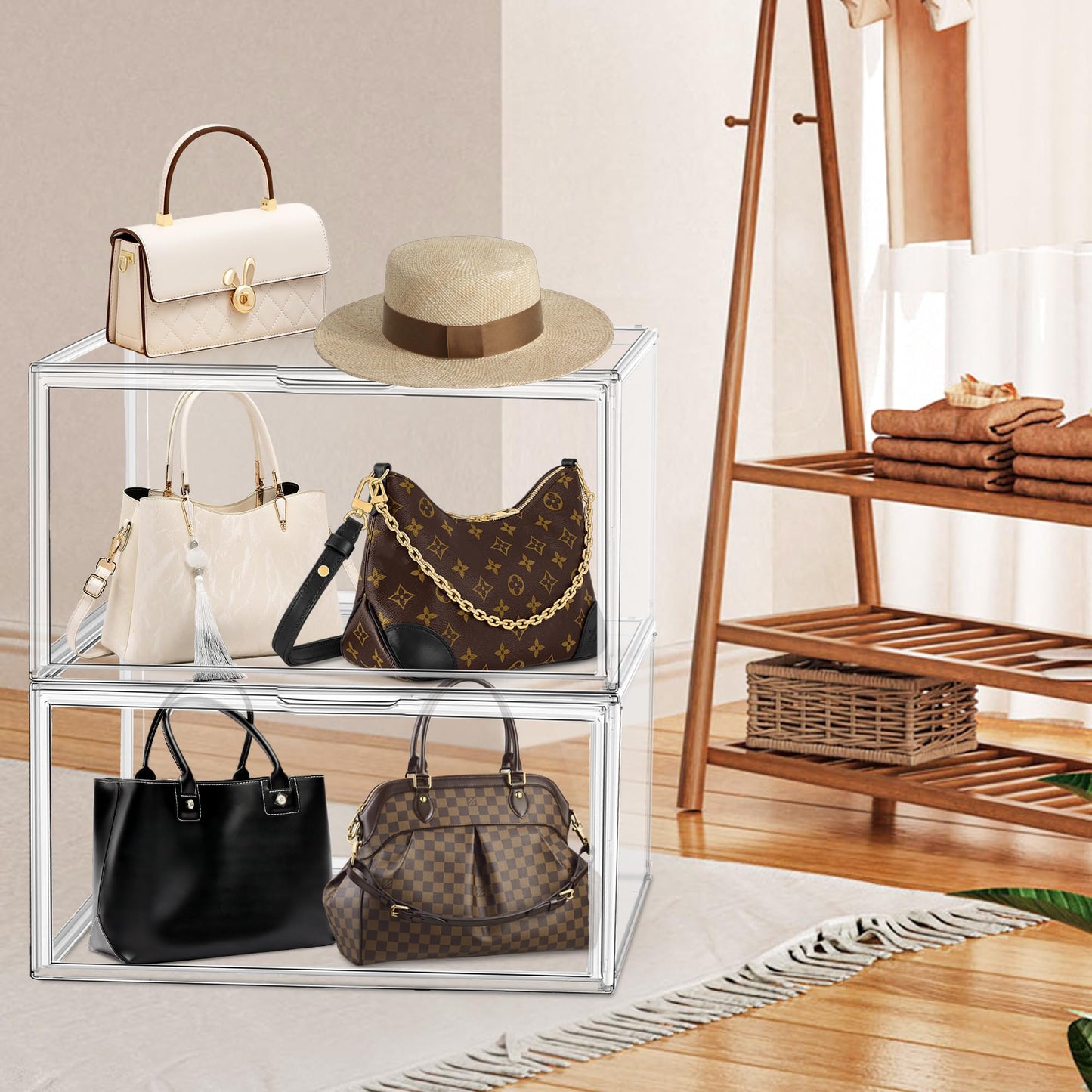 1 Pack Tall Acrylic Display Case XXXXX-Large 13.8”x 12.2”x 23.6" Purse Handbag Organizer Long Stackable Tall Boot Totes Storage Box Clear Giant Figure Collection Showcase with Magnetic Lid