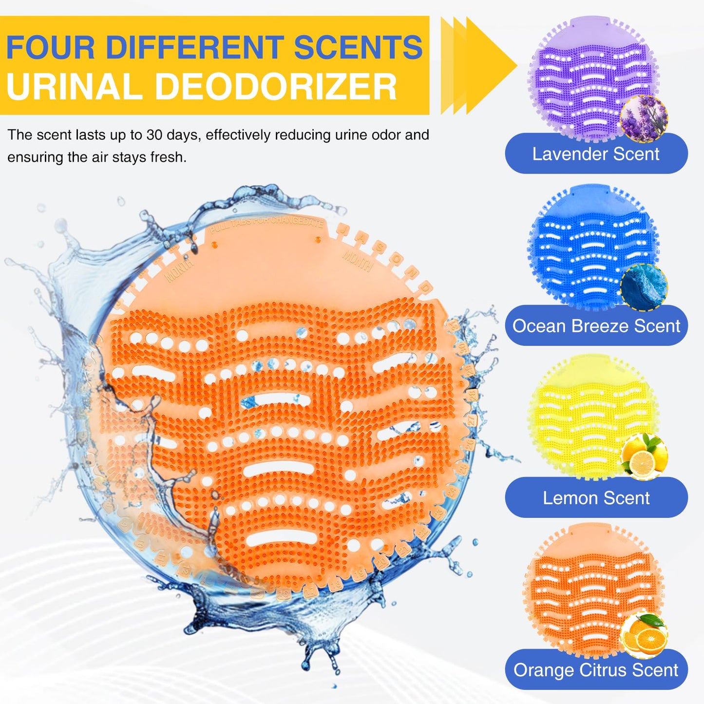 32 PACK Urinal Deodorizer Screen with 100 Gloves-3D Wave Anti-Splash Odor Protection Urinal Cakes for Men Toilets, Four Scents Urinal Mats