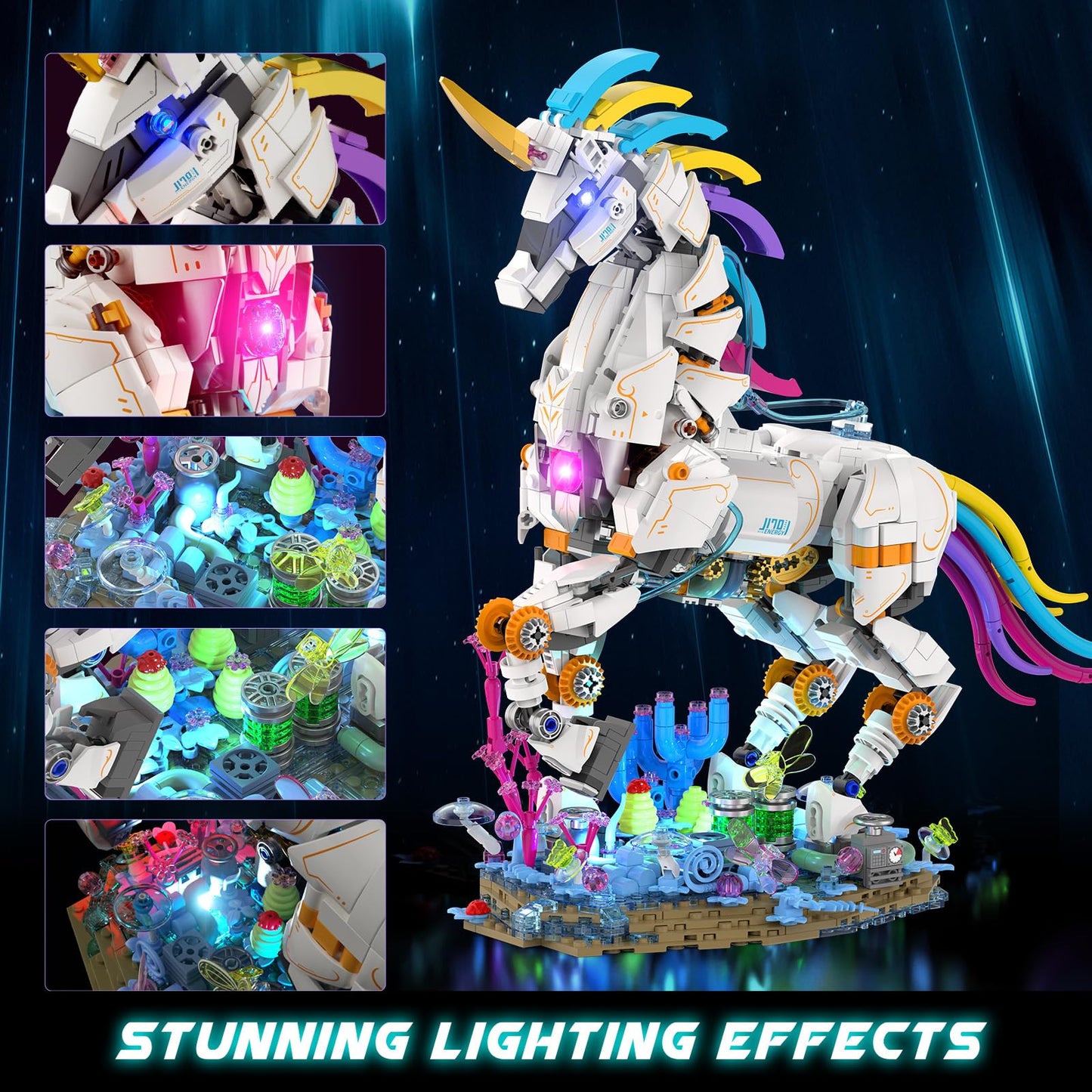 JMBricklayer Unicorn Building Blocks Set for Adults with Lights 70008, Art Creator Animals Display Model Kit, Cool Rainbow Unicorn Building Toy Home Decor, Christmas Birthday Gifts for Girls Boys 14+