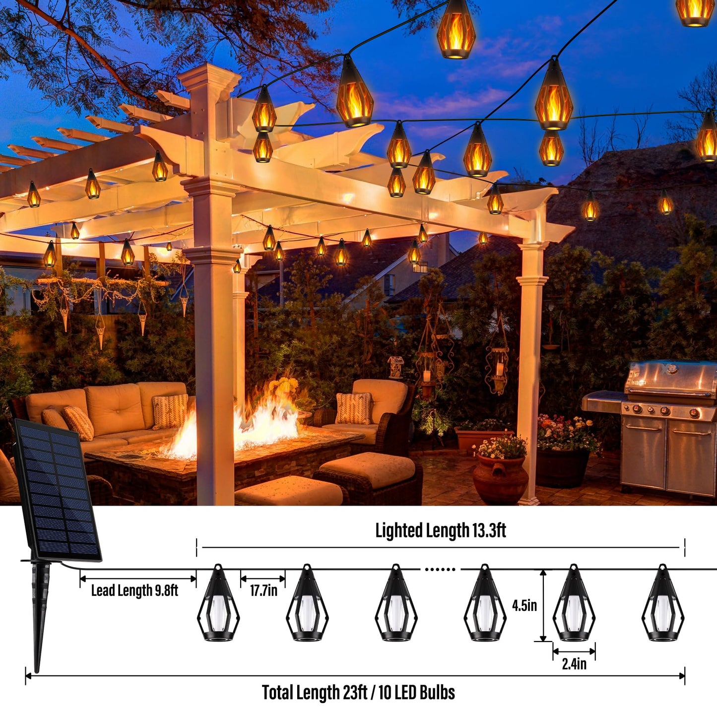 Solar String Lights Outdoor, 41FT Flame Solar Powered Patio Lights with 15 Bulbs 150 LEDs, Waterproof Outdoor String Lights for Garden Yard Patio Decor, Outside Decor for Party Camping BBQ