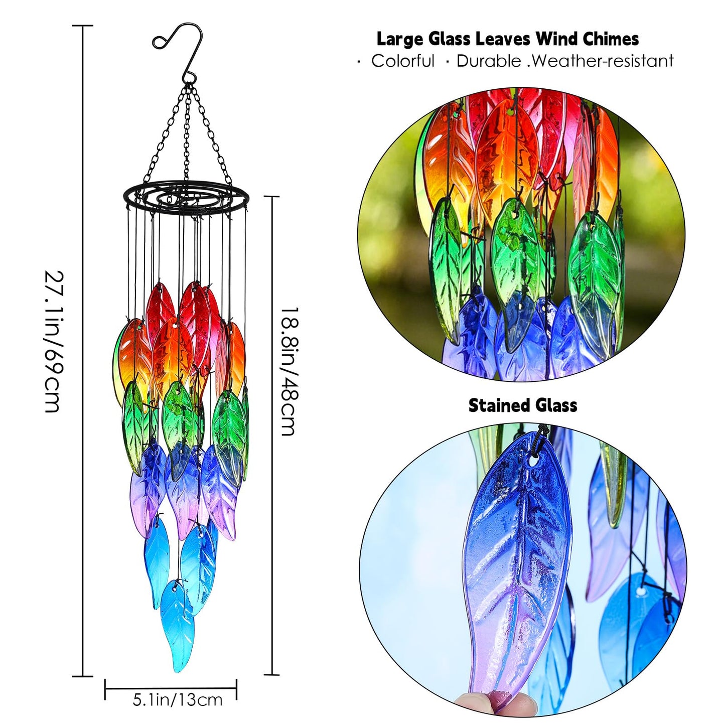 Small Sea Glass Wind Chimes for Outside, Fall Leaves Windchimes Outdoors Unique, Sea Glass Art Wind Chimes Outdoor Gifts for Women, Hanging Outdoor Garden Decor