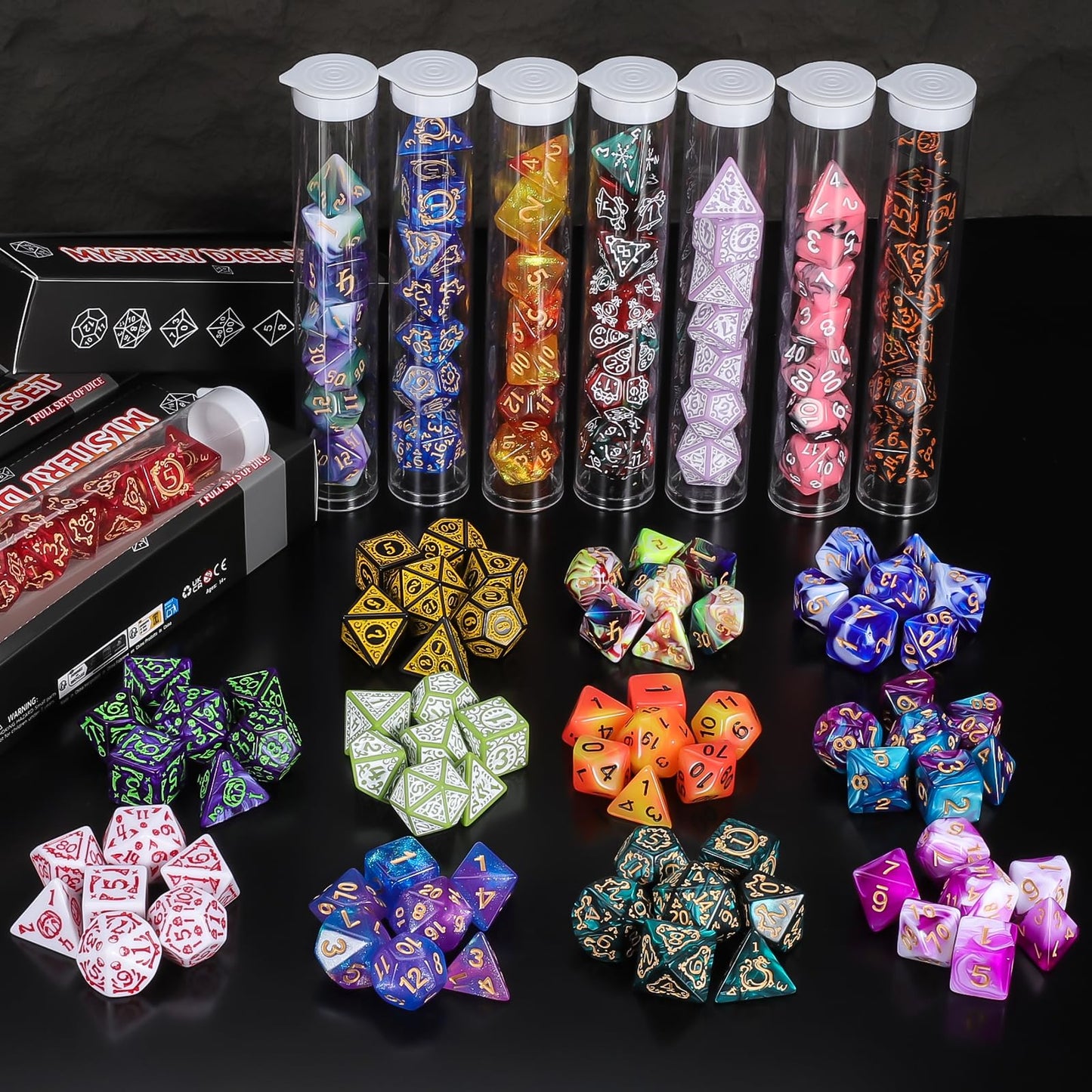 QMAY Mystery Dice Box - 48PCS DND Dice Set, Random Patterns, 6 Surprise Boxes, Polyhedral Dice with Dice Display Tube, D&D Gifts Box for Dungeons and Dragons, RPG, MTG,Role Playing Table Game