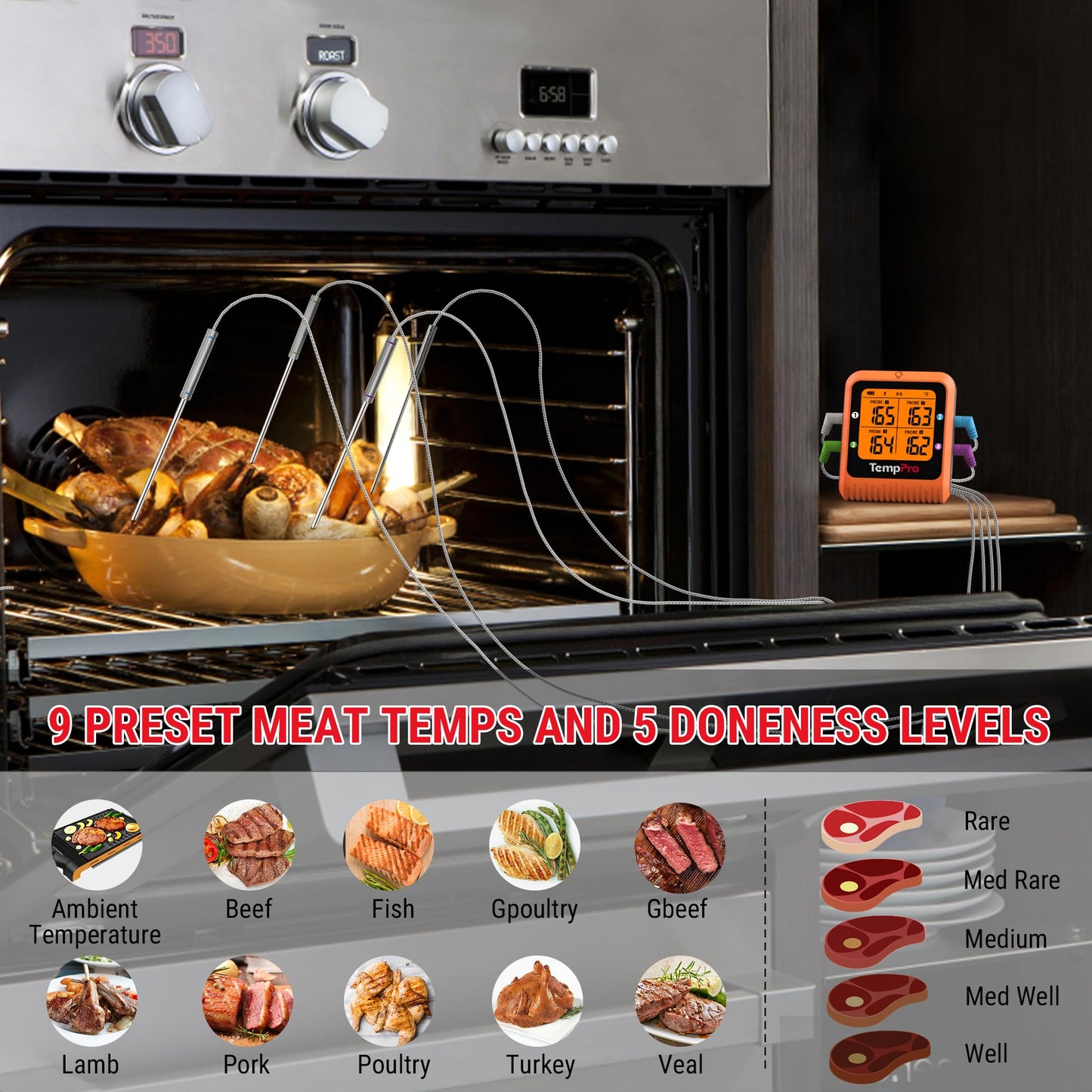 ThermoPro TP930 650FT Wireless Meat Thermometer, Bluetooth Meat Thermometer with 4 Color-Coded Meat Probes, Grill Thermometer with Timer, Smart Meat Thermometer Wireless for BBQ Oven Smoker