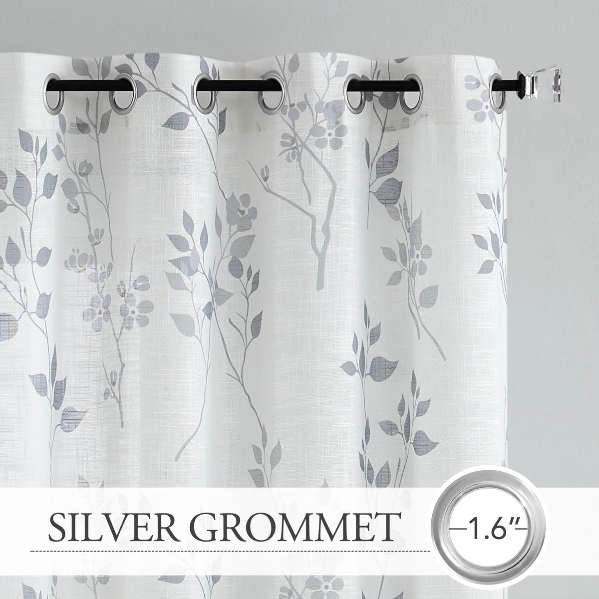 Beauoop Floral Linen Semi Sheer Curtains 84 Inches Long 2 Panels for Living Room Bedroom Grey Farmhouse Flower Patterned Light Filtering Textured Grommet Top Window Treatments Drapes, 50x84 2 Set
