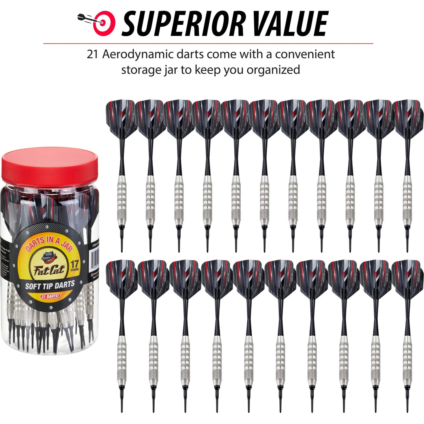 Fat Cat by GLD Products Darts in a Jar: Soft Tip Darts with Storage/Travel Container, 17 Grams (Pack of 21), Silver