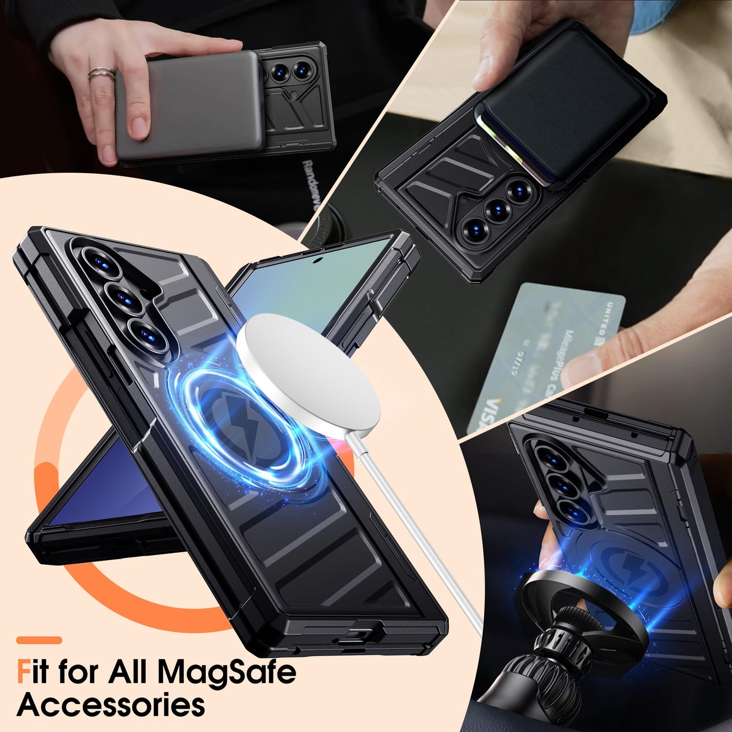 Armor Magnetic for Samsung Galaxy Z-Fold-7 Case: Dual Stand Horizontal & Vertical, Glass Screen Protector, Hinge Protection, Fit for MagSafe Wireless Charging, Shockproof Magnet Phone Cover, Black