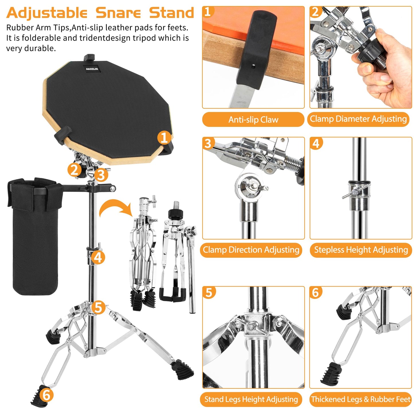 AKOZLIN Snare Drum Stand with Drum Sticks Holder Double Braced Tripod Snare Stand for 10 to 14 Inch Snare Drum Pad Height Adjustable 16.1 to 22 Inches