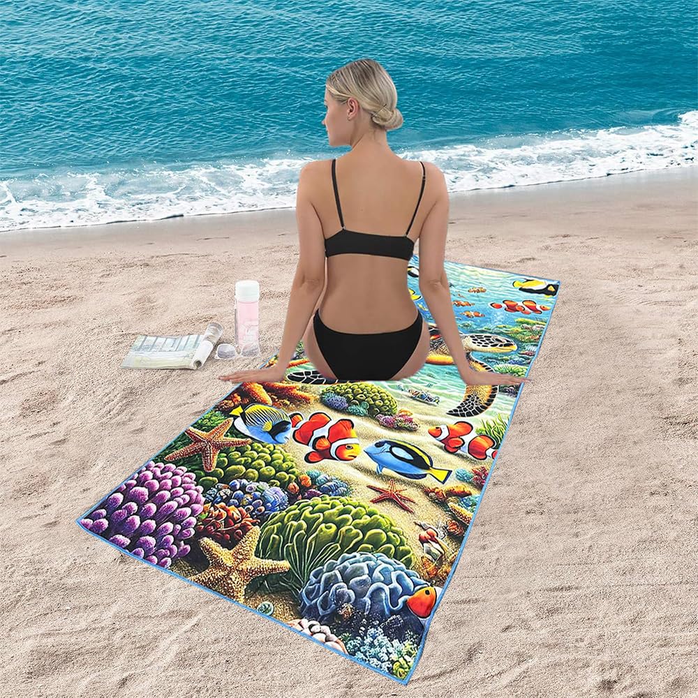 2 Pcs Microfiber Beach Towel Lightweight Sand Free Quick Dry Serviette de Plage Towels for Swimming Pool Camping 71''X32'' Beach Accessories Travel Things for Women Men Vacation Essentials Gift Turtle