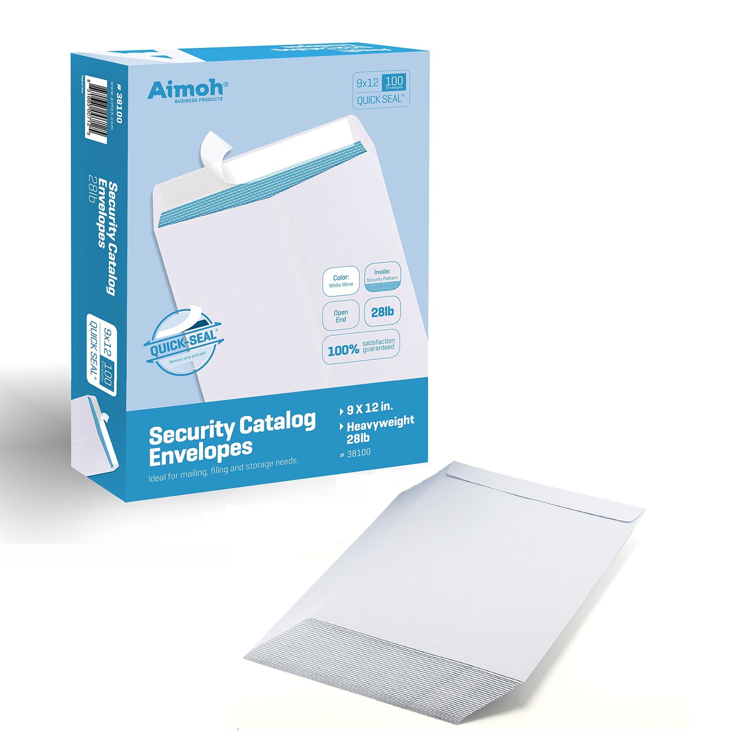 Aimoh 100 9 x 12 SELF Seal Security White Catalog Envelopes - 28lb - Security Tinted, Ultra Strong Quick-Seal, 9x12 inch (38100)