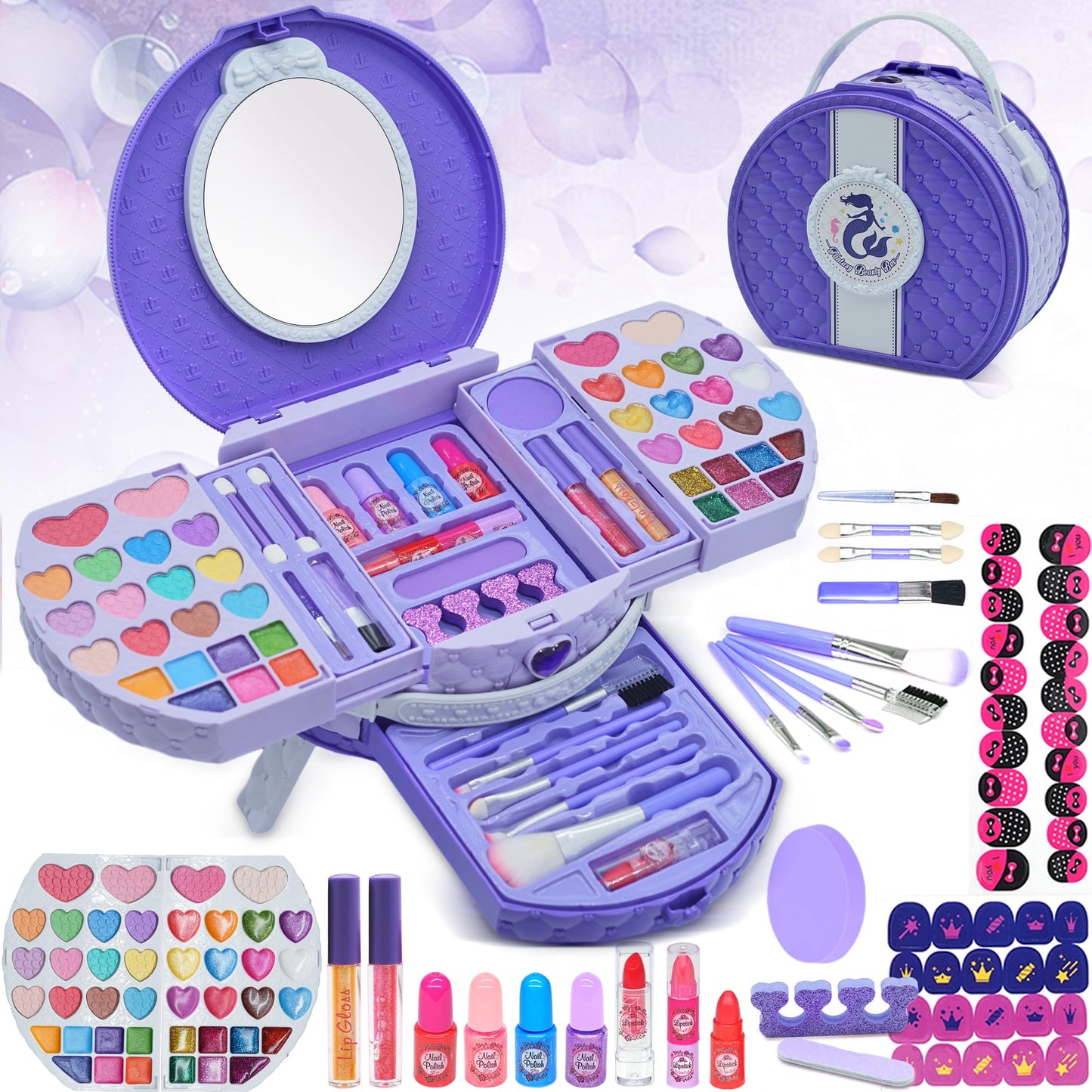 Kids Makeup Kit for Girl - 66 PCS Makeup for Kids with Dresser Vanity Case, Washable and Safe Girls Makeup Sets Ages 3-12, Christmas Birthday Gifts Toys for 4 5 6 7 8 9 Year Old Girl(Purple)