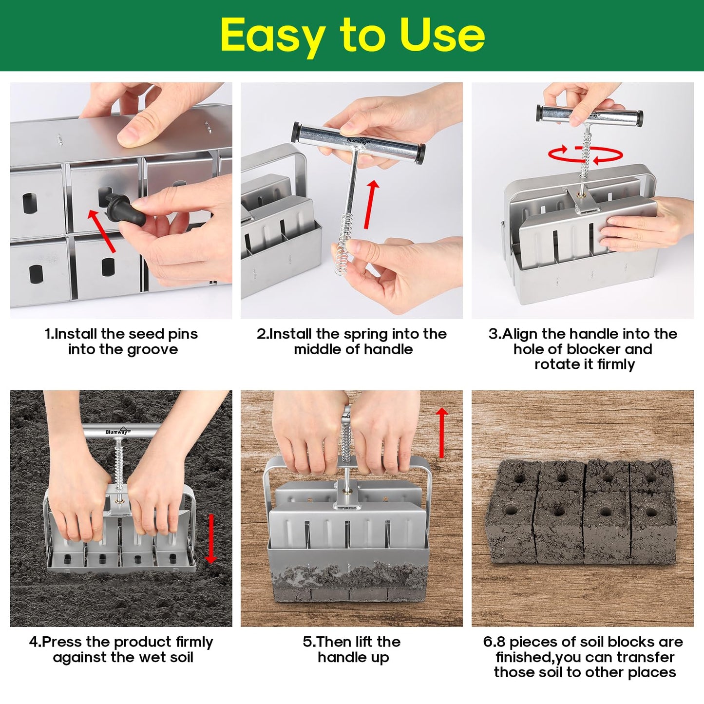 BlumWay Upgraded Soil Blocker, 8 Cell Seed Blocker 2 inch Quad Soil Block Maker Manual with 3 Types of Block Pins, Hand-held Soil Blocking Tool for Seed Stater Tray Outdoor Plants