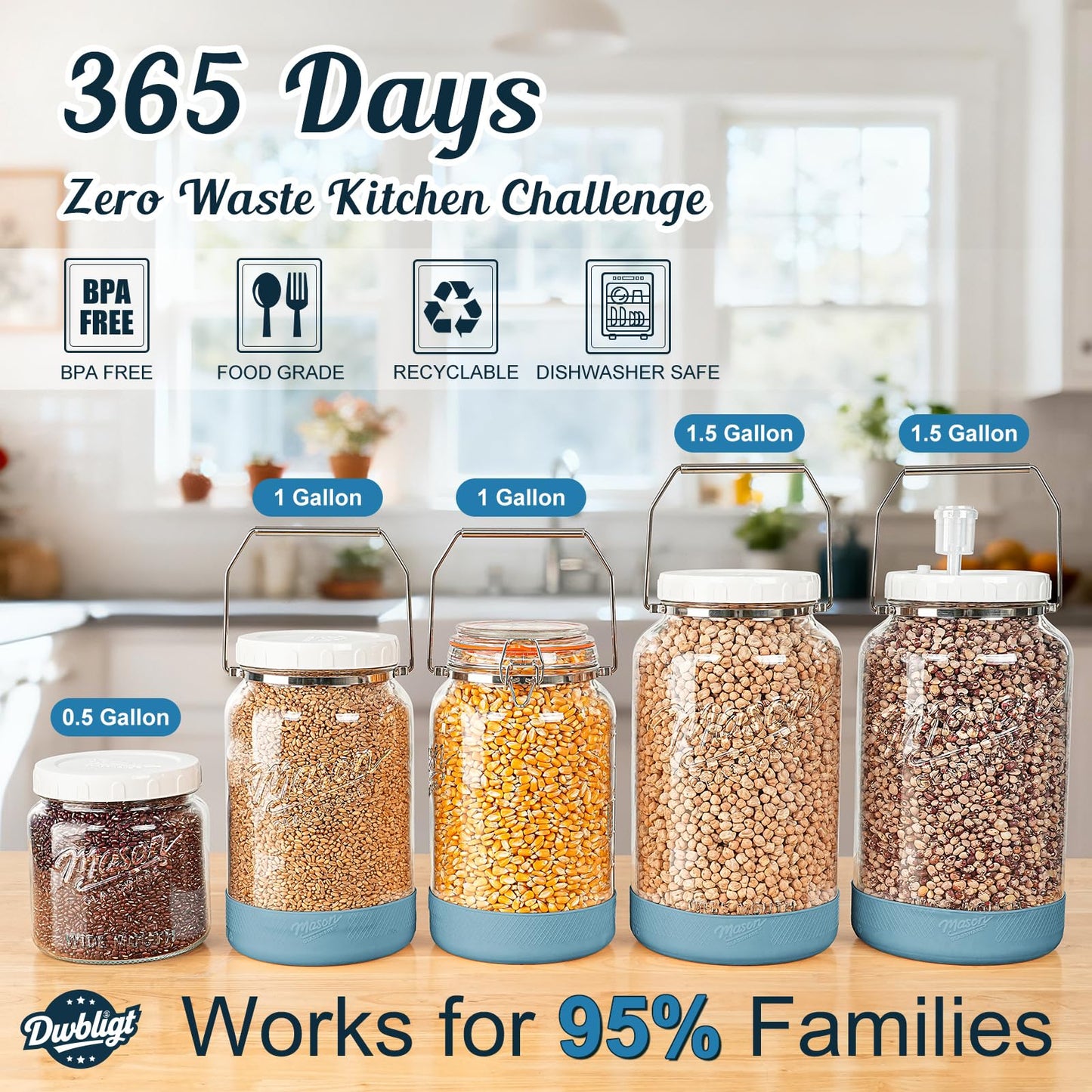 1 Gallon Glass Jars with Airtight Lids 2 Packs, Wide Mouth Mason Jars with Clip Top Lids & Stainless Steel Handle & Silicone Base, Glass Storage Containers for Kitchen Storage, Pickling - Dual Scale