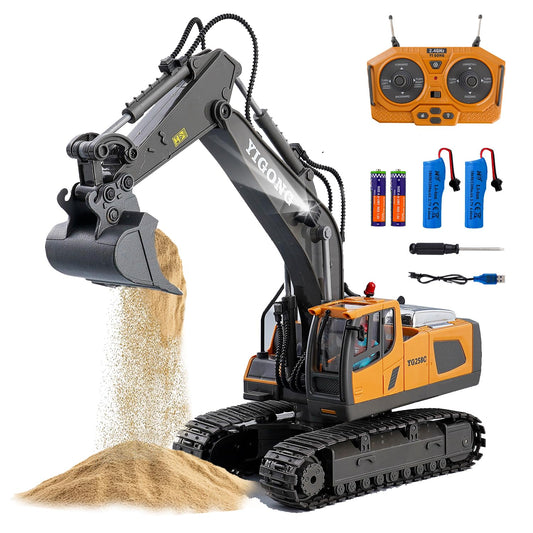 Cogwak RC Excavator Toy 11 Channel Remote Control Construction Vehicles Sand Digger Truck with Metal Shovel 680° Rotation Outdoor Birthday Gift for Boys Kids Age 6+ Year Old (Yellow)