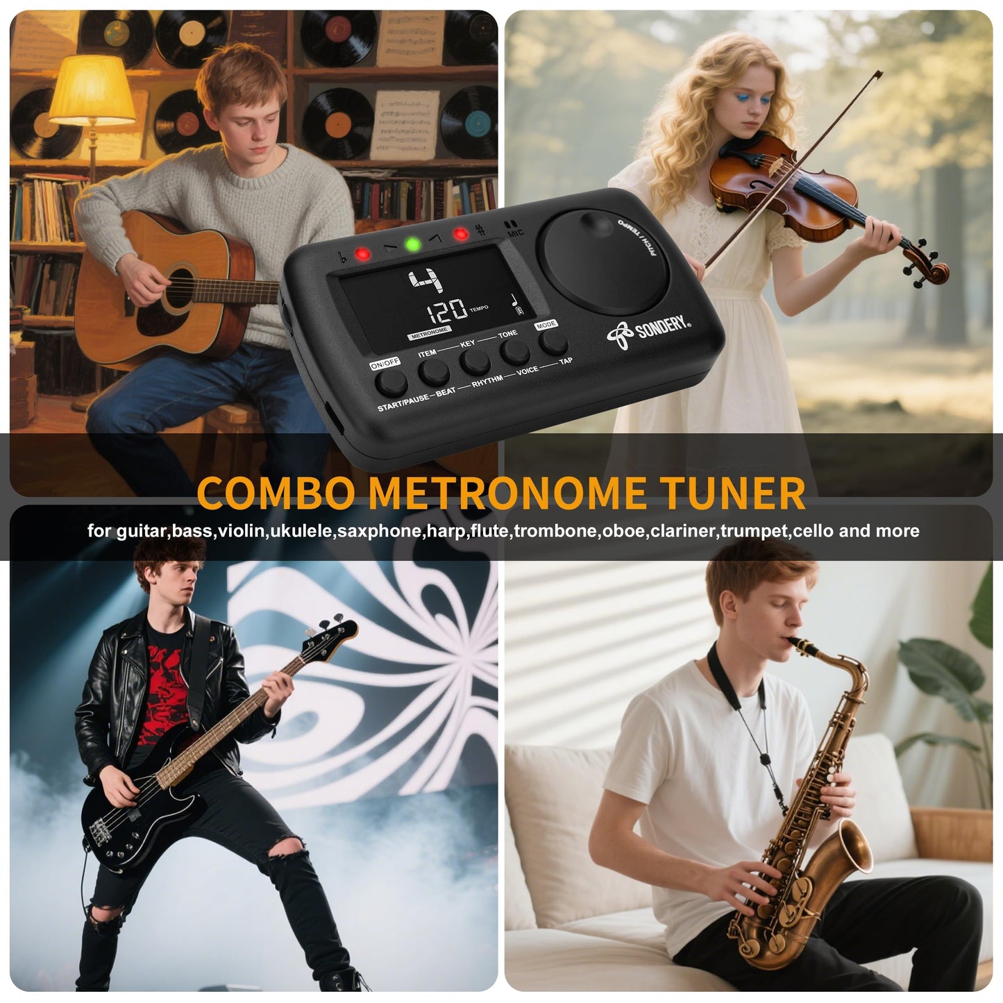 Sondery Digital Metronome Tuner 3 in 1 for All Instruments，Rechargeable Metronome with Tap Tempo, Chromatic Tuner Tone Generator for Guitar, Bass, Violin, Clarinet, Piano, Trumpet, Flute