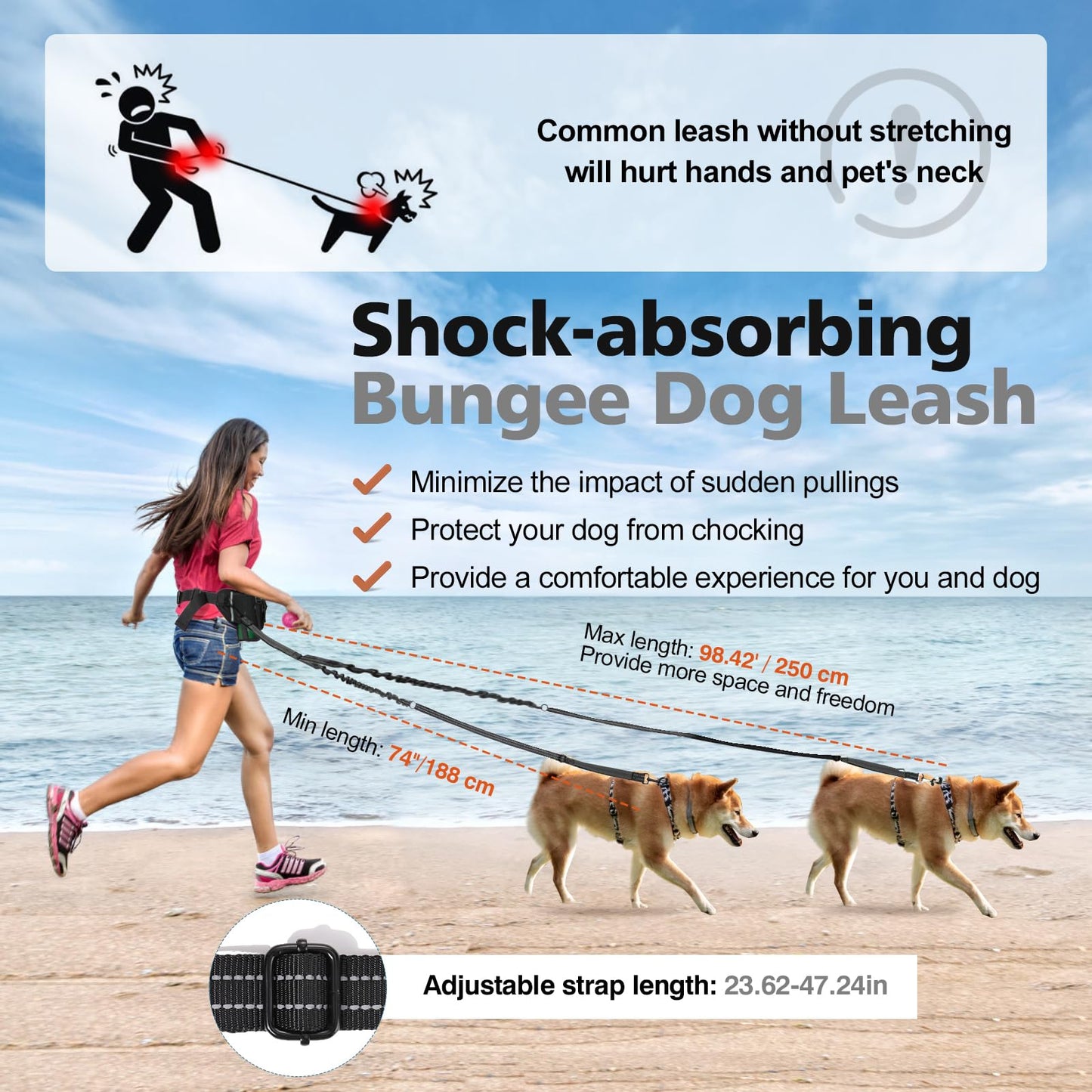 Tivray Hands Free Dog Leash 2 Dogs, Adjustable Waist Leash for Dog Walking with Dual Bungees Padded Handle, Shock Absorbing Hands Free Belt for Small Medium-Sized Dogs Outdoor Activities, Black