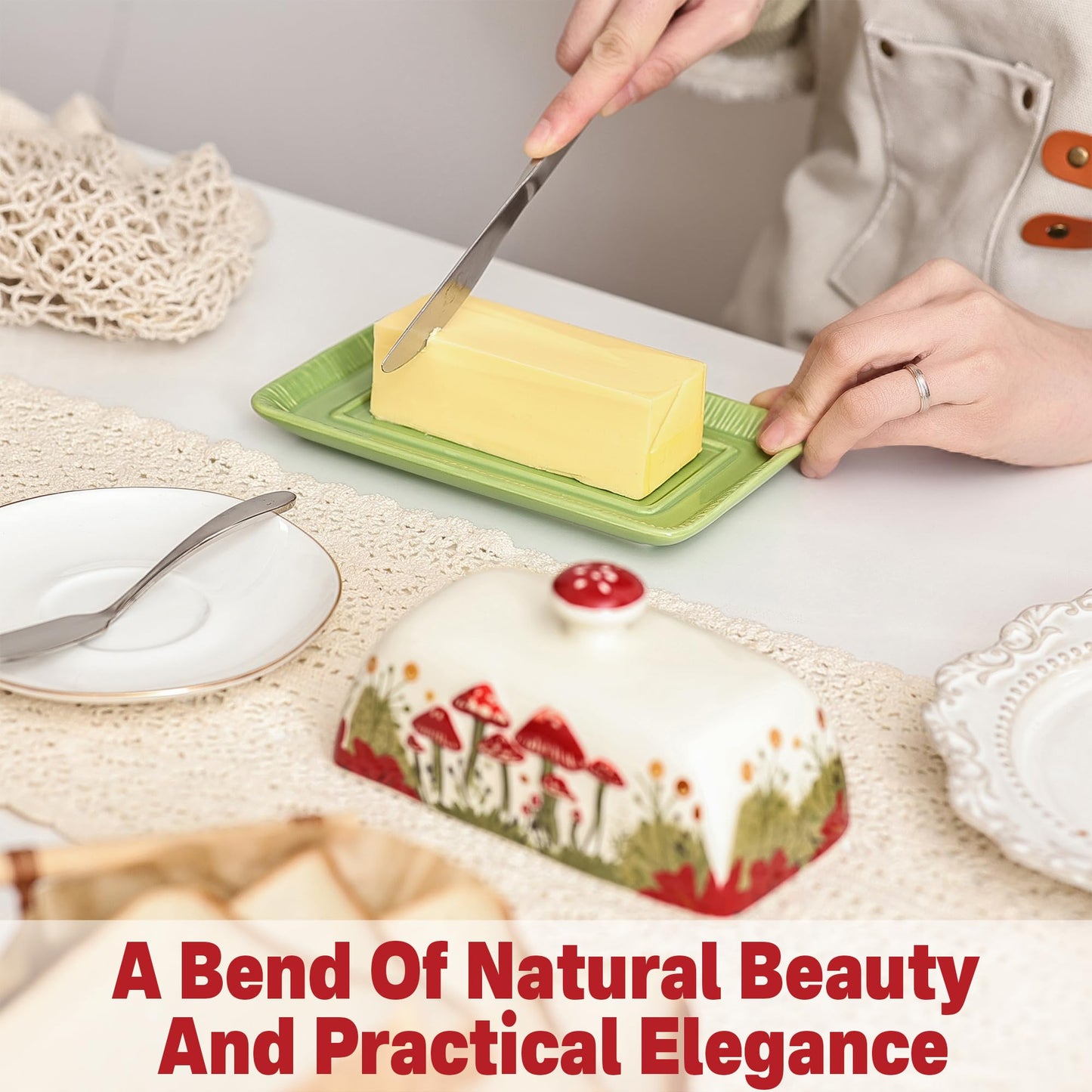 Fungi Fun Mushroom Butter Dish with Lid for Countertop Ceramic Butterdish, Red Mushroom Butter Container, Butter Tray Large Butter Dish Covered (White & Red Mushroom Butter Dish)