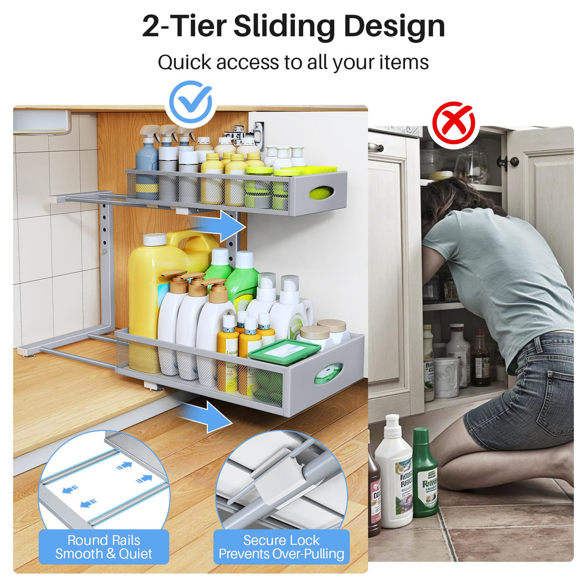 Under Sink Organizer, 2 Pack 2 Tier Pull Out Under Cabinet Organizer Shelf with Pad for Framed Cabinets, Metal Slide Out Under Sink Storage, Mesh Sliding Drawers for Kitchen Bathroom Laundry, Grey