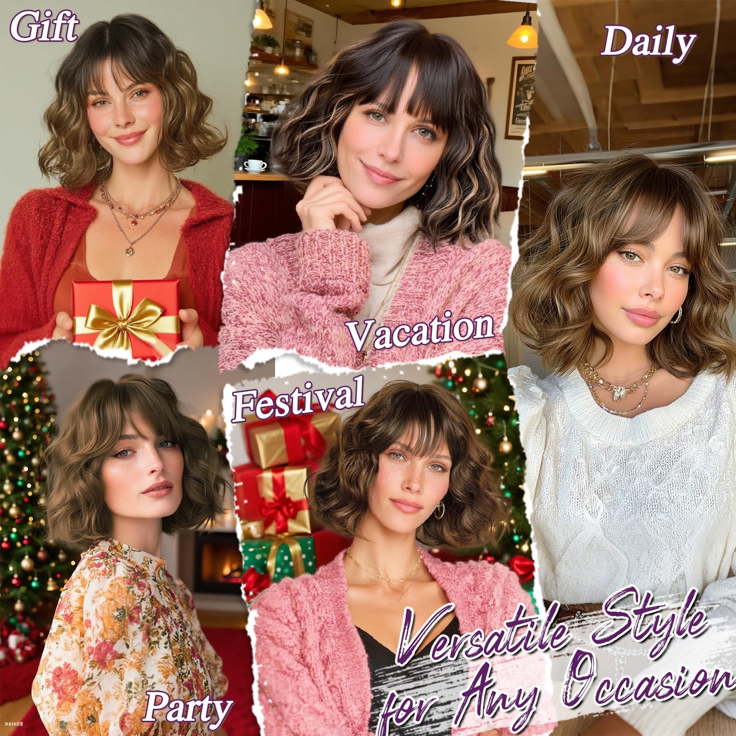 BARSDAR Short Wavy Mix Brown Wig with Bangs - Short Mix Brown Bob Wigs for Women - Curly Wavy Textured French Bob Wig with Bangs Soft Synthetic Natural Looking Face-Framing Daily Party