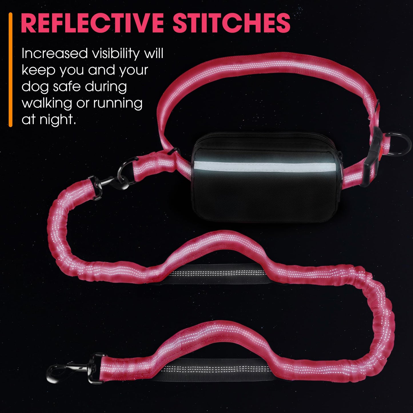 Hands Free Dog Leash with Waist Belt – No-Pull Bungee, Dual Padded Handles & Zipper Pouch for Running, Walking & Training – Adjustable Waist Leash for Large & Medium Dogs (Pink)