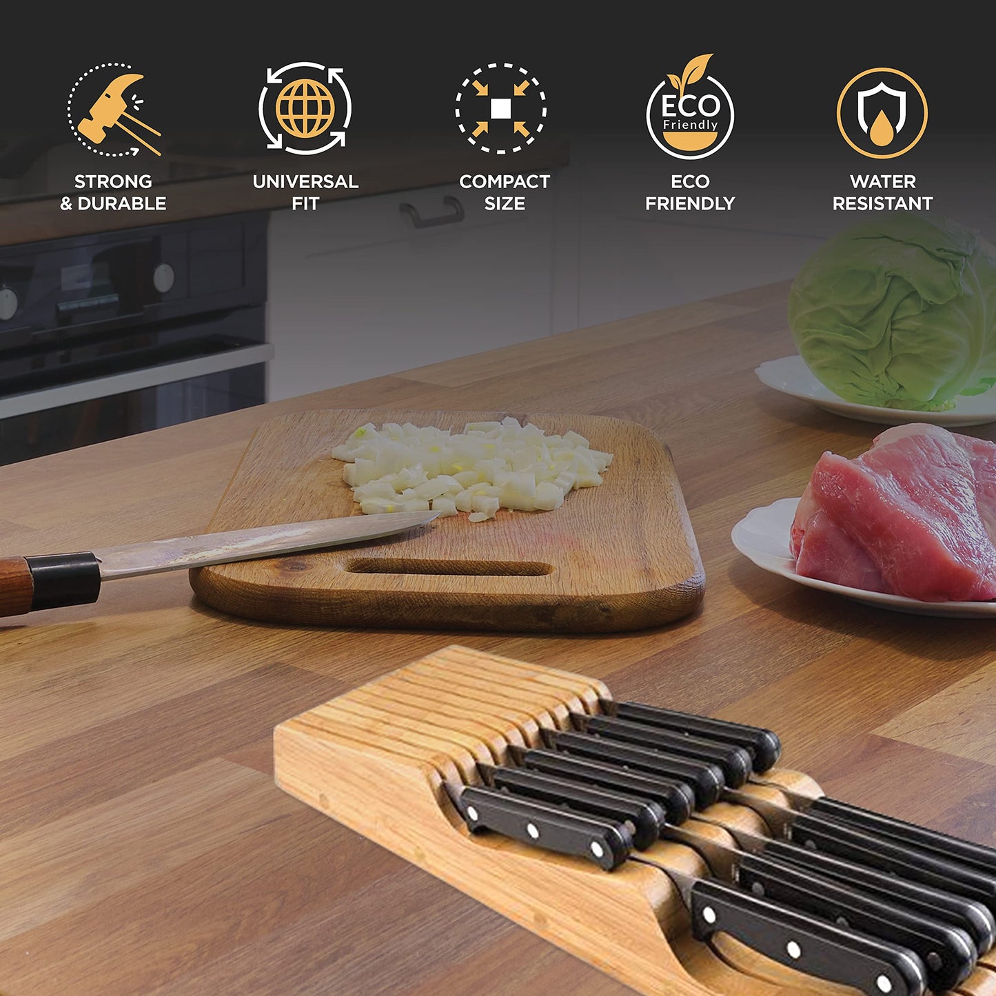 Knife Drawer Organizer - Bamboo in-Drawer Knife Block Holder for Kitchen, Wooden Knife Organizer Drawer Insert, Knife Storage Drawer Block for Steak, Chef, Utility Knives, Holds up to 16 Short Knives