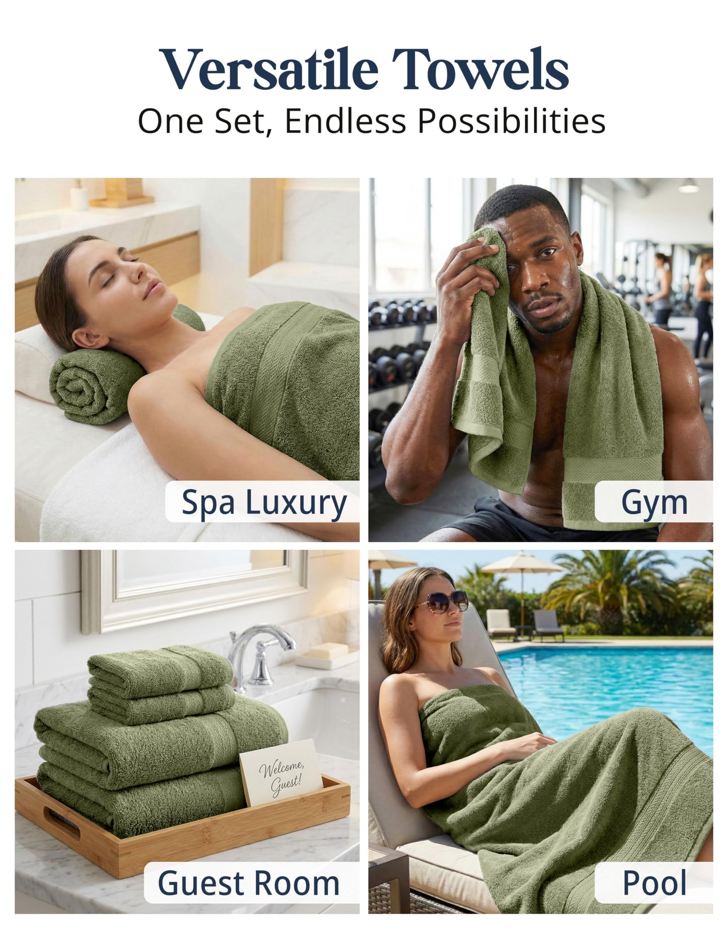 6 Piece Bath Towel Set - 100% Cotton Bathroom Towels, Extra Large Bath Towels, Hotel Towels, 2 Bath Towels, 2 Hand Towel for Bathroom, 2 Wash Cloths for Your Body and face - Oil Green
