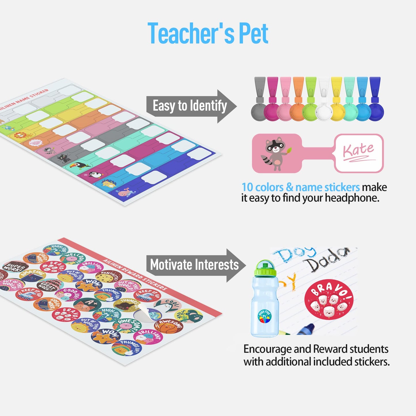 AILIHEN HD850 Classroom Headphones Bulk 10 Pack for Kids K-12 Students, School Wired Headphones with Microphone & 85dB Volume Limited & Sharing Function & Reward Stickers for Chromebook (Multicolors)