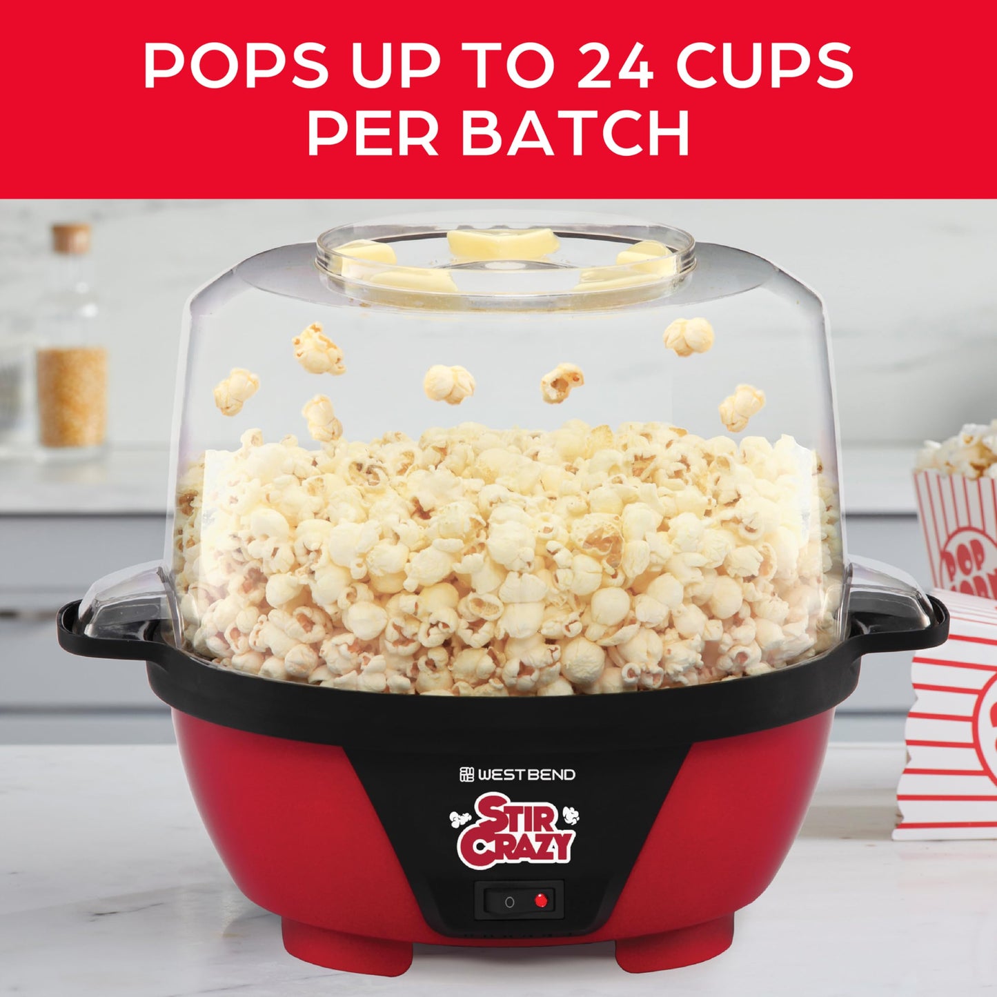 West Bend 82505 Stir Crazy Electric Hot Oil Popcorn Popper Machine with Stirring Rod Offers Large Lid for Serving Bowl and Convenient Storage, 6-quart, Red