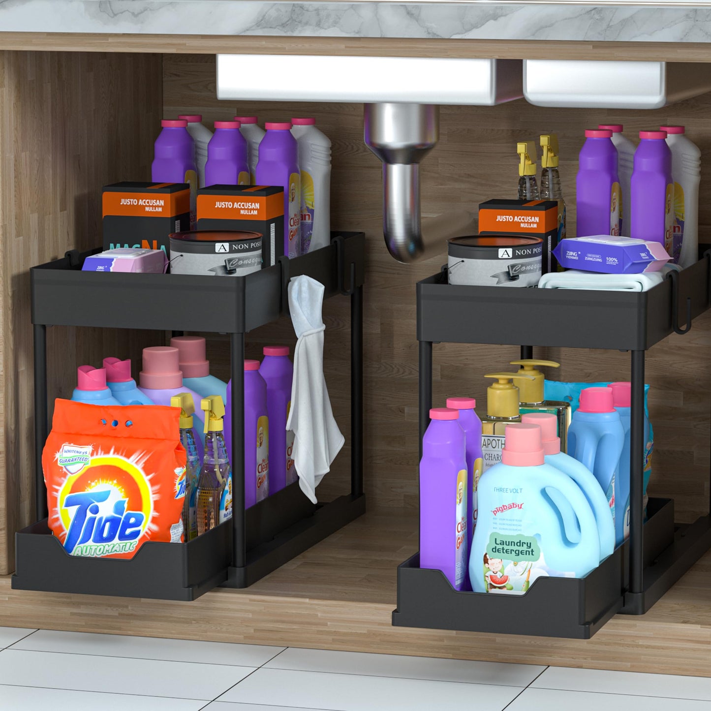 DEKAVA Under Sink Organizer 2 Pack, Bathroom Organizers, 2 Tier Sliding Cabinet Basket Organizer Drawer, Multi-Purpose Bath Collection Baskets for Bathroom (Black)