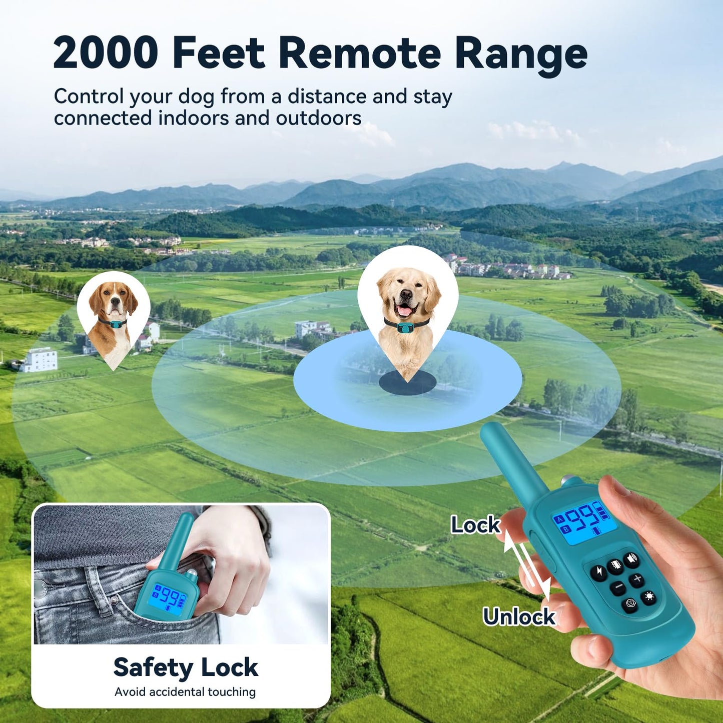 Bark Shock Collar Small Dog 5-15lbs & Medium Dogs，Lightest Dog Training Collar with Remote 2000ft，3 Training Modes Beep, Vibrate and Safe Shock,0-99 Precise Adjustment，Waterproof Rechargeable，Blue