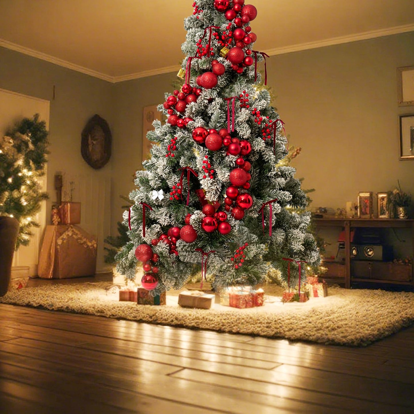 4 Pack 1.8 Feet Christmas Ball Garland Ornaments with 12 Velvet Bows and 12 Berry Picks 120 Balls Hanging Shatterproof Xmas Decor Segmented Garland for Christmas Tree Supplies (Total 7.2 feet)