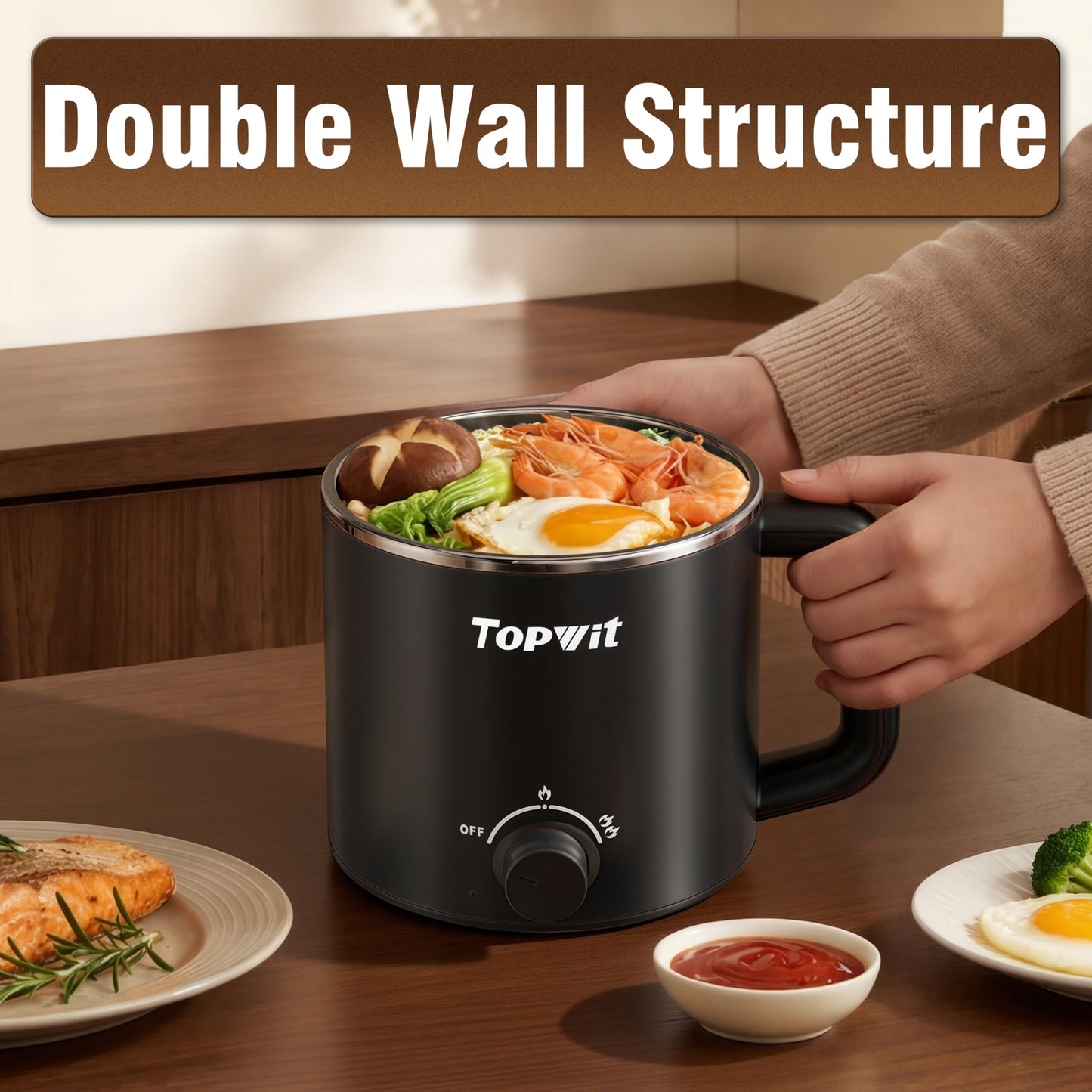 TOPWIT Hot Pot Electric, 1.6L Ramen Cooker, Multifunctional Electric Cooker for Pasta, Shabu-Shabu, Oatmeal, Soup and Egg with Over-Heating Protection, Boil Dry Protection, Black