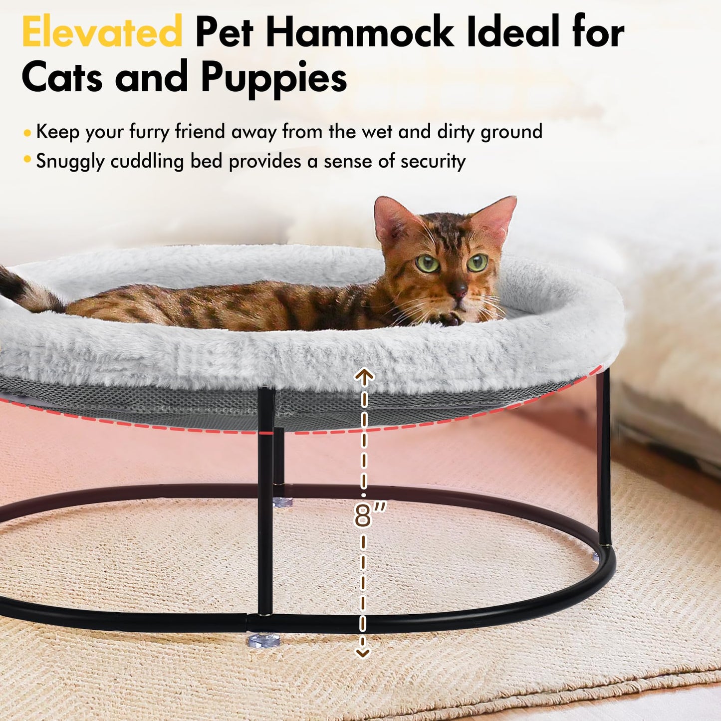 Zoratoo Elevated Cat Hammock Bed for Indoor Cats, Fluffy Warm Cuddle Cat Bed with Detachable Pad Bed Cover, Raised Pet Bed Cuddler for Sleeping Kittens, Small Dog, Oval Cat Hammock Grey