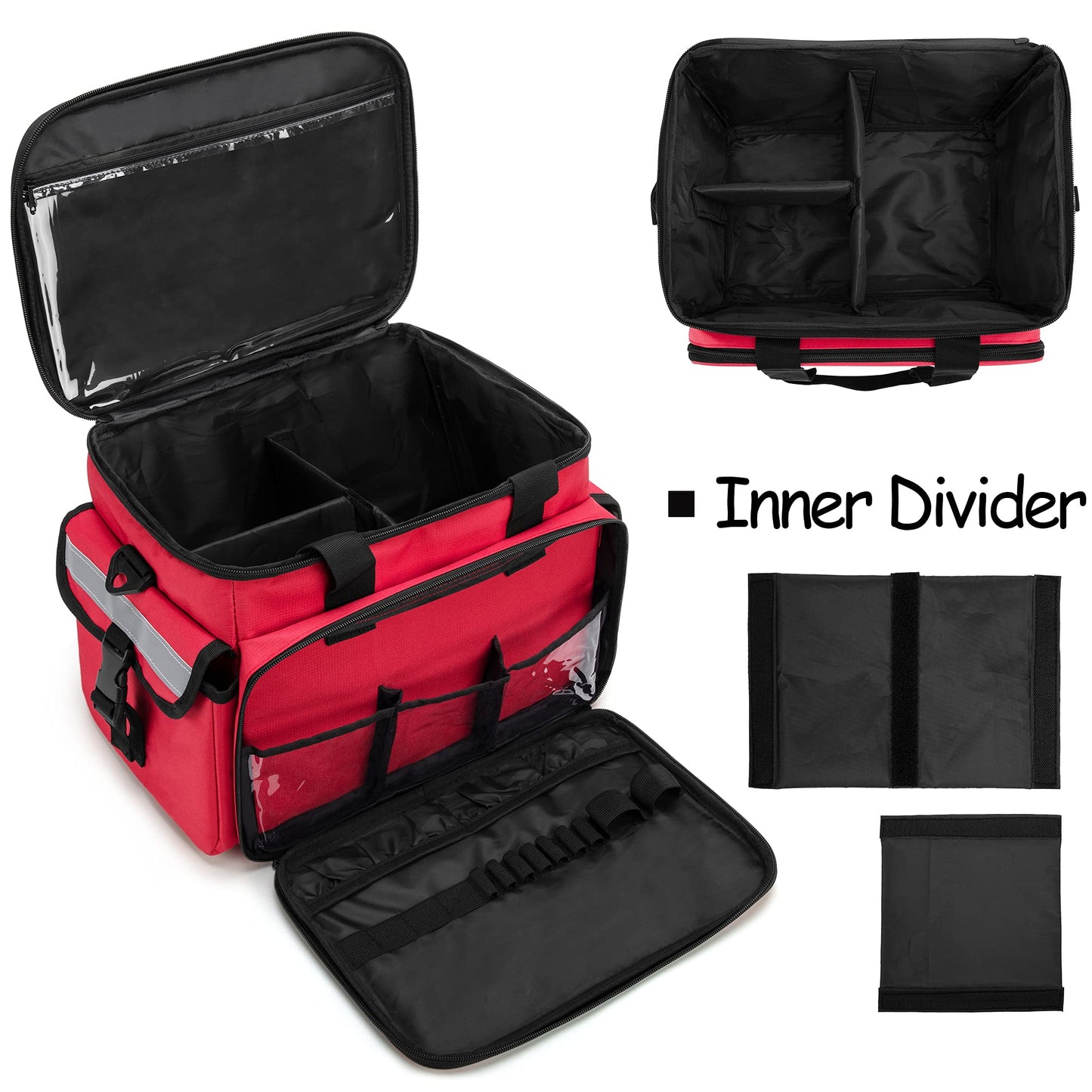 CURMIO Emergency Medical Supplies Bag, Home Health Aid Bag with Shoulder Strap and 2 Detachable Dividers for Nurse, Doctors, Home Health Staffs, Not Include Accessories, Empty Bag, Red