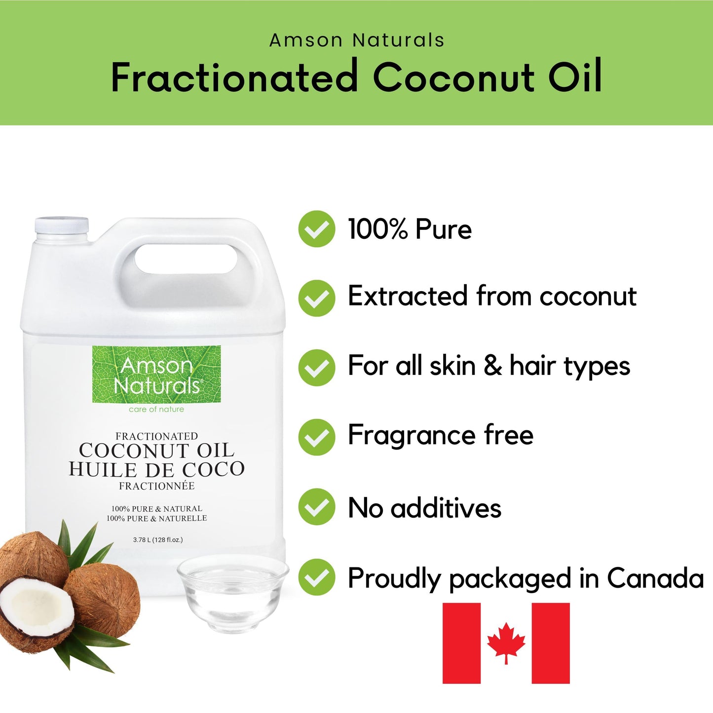 Amson Naturals Fractionated Coconut Oil 3.78 Litres / 1 Gallon / 128 oz - 100% Pure & Natural Liquid Coconut Oil for Skin, Hair, Body, Massage, Odorless, Carrier Oil for Diluting Essential Oils