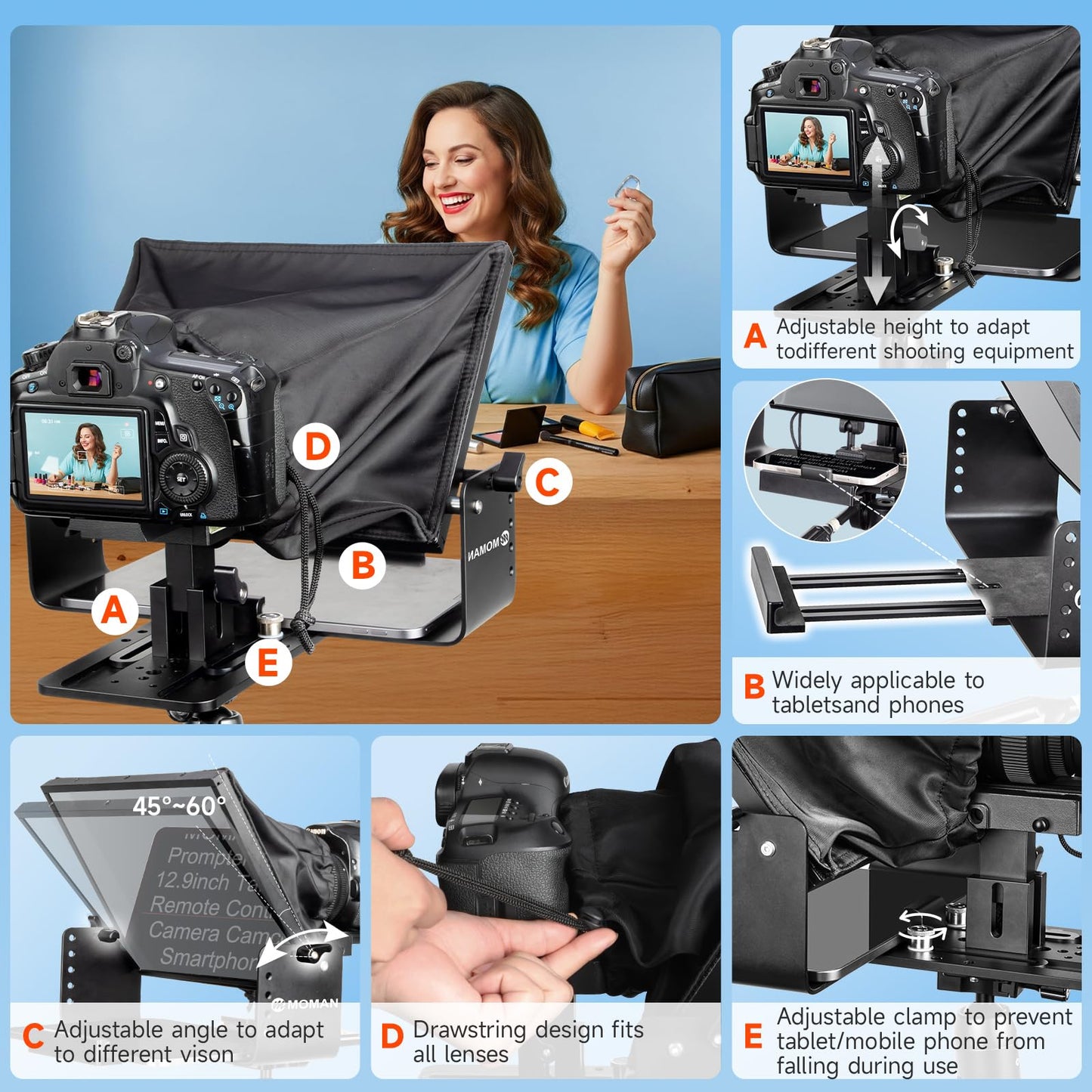 Moman Teleprompter, MT12 Metal Prompter Kit 12 inch for 12.9inch iPad Tablets with APP Remote Control for DSLR Camera Camcorder Smartphone Mobile, Tablet-Teleprompter-Autocue-Camera-Prompting