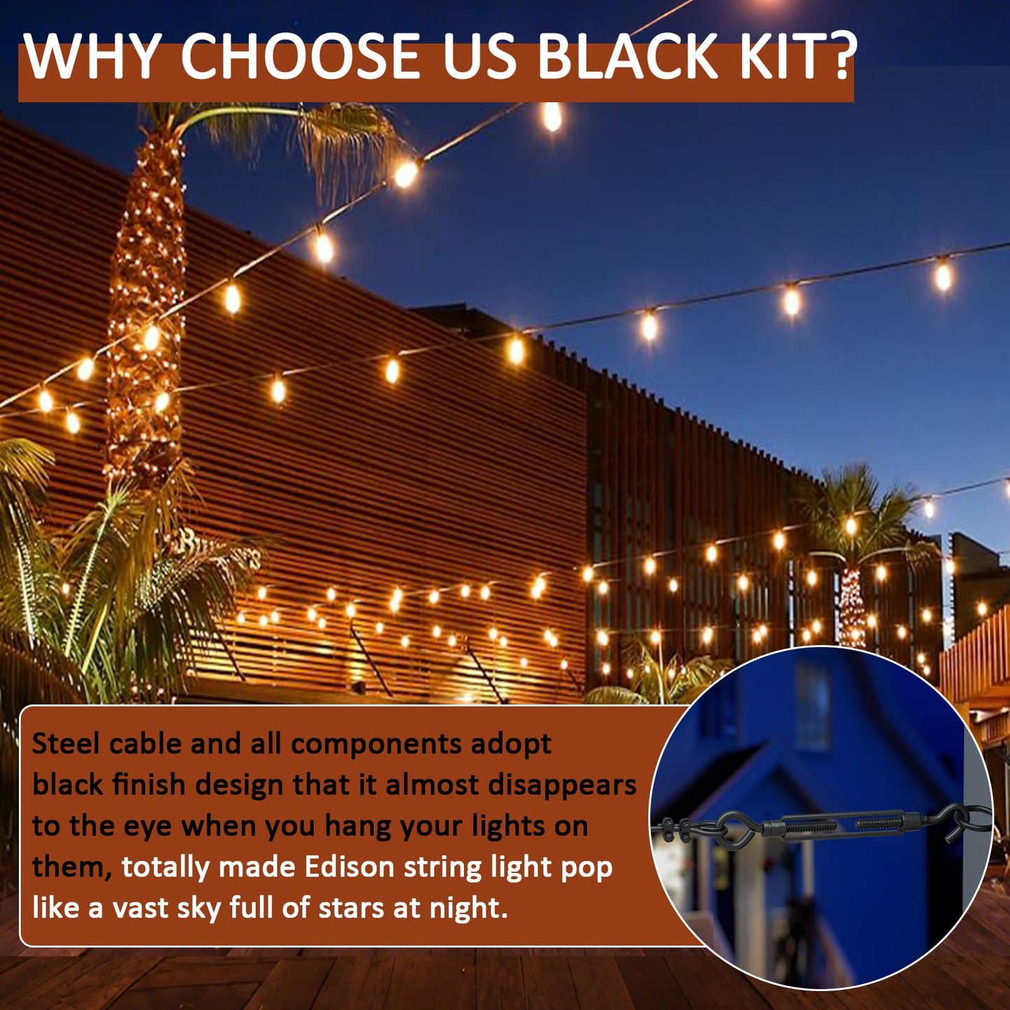 hannger String Light Hanging Kit Outdoor, Globe String Lights Suspension Kit, 50FT 3/16 Black PVC Coated Steel Cable w/ M6 Turnbuckle Tensioner Kit, Guide Wire for Outdoor/Patio/Camping String Light