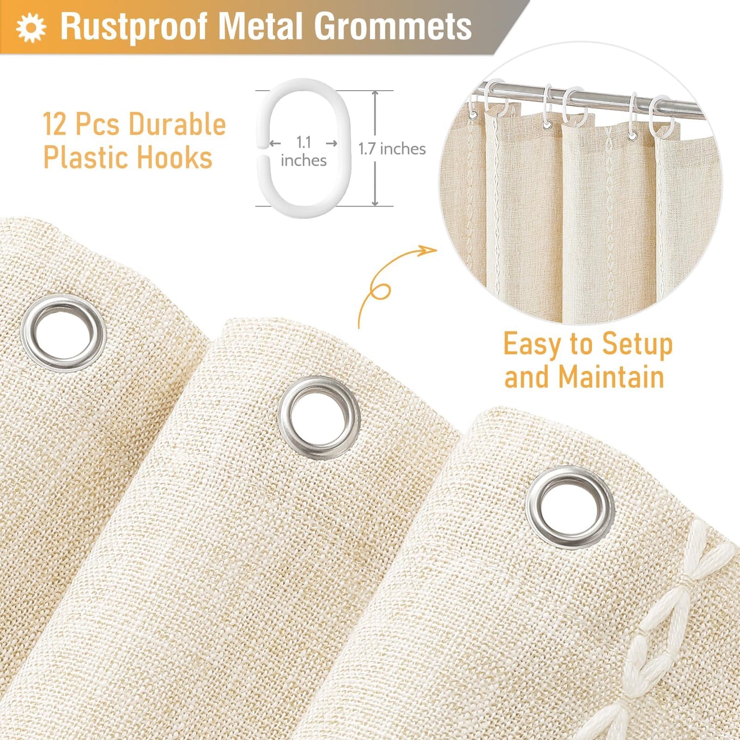 BTTN Boho Farmhouse Shower Curtain, Linen Rustic Bohemian Striped Cloth Shower Curtain Set with Tassel, Water Repellent, Modern Vintage Country Fabric Shower Curtains for Bathroom, Cream/Beige, 72x72