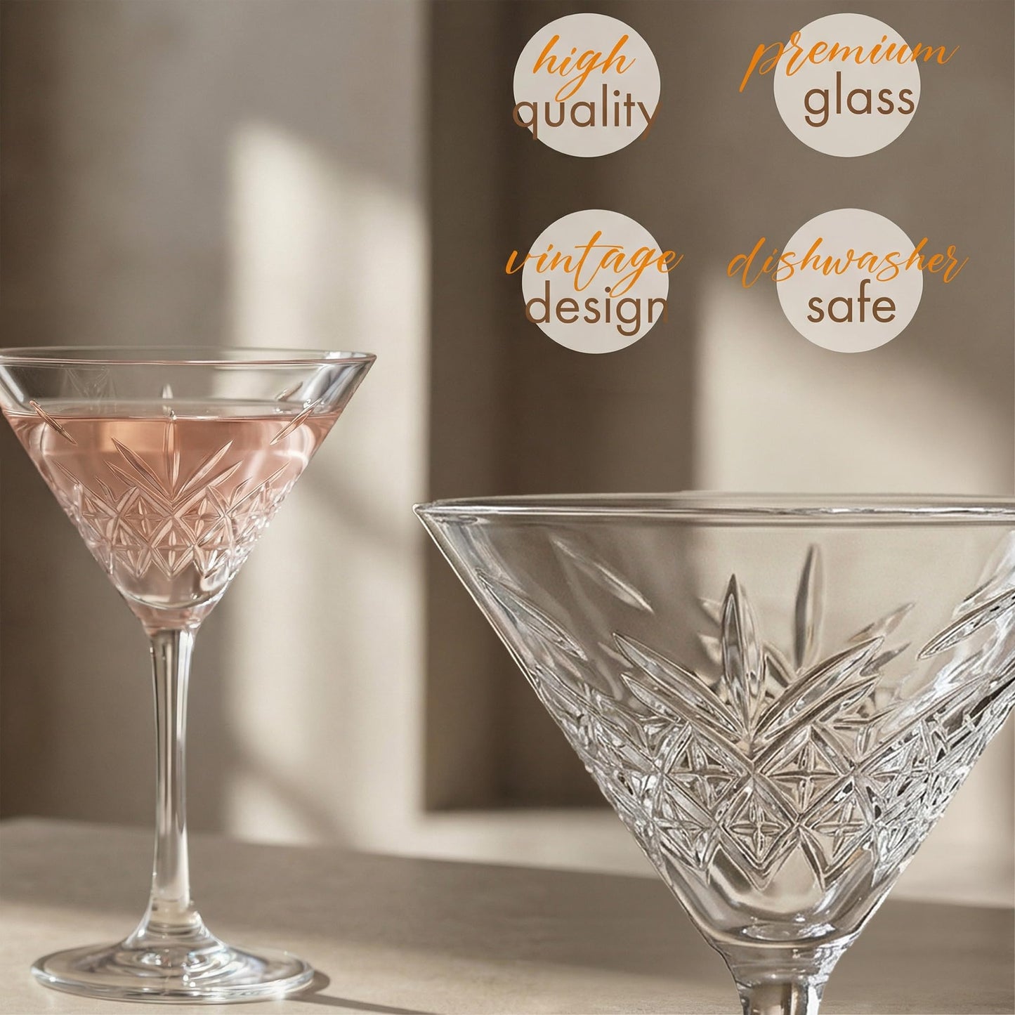 Vintage Coupe Glasses Set of 4 – 7.7 oz Cocktail & Champagne Glasses, Elegant Crystal Design Stemmed Bar Glassware for Espresso Martini, Cosmopolitan, Sparkling Wine, Red&White Wine, Dishwasher Safe