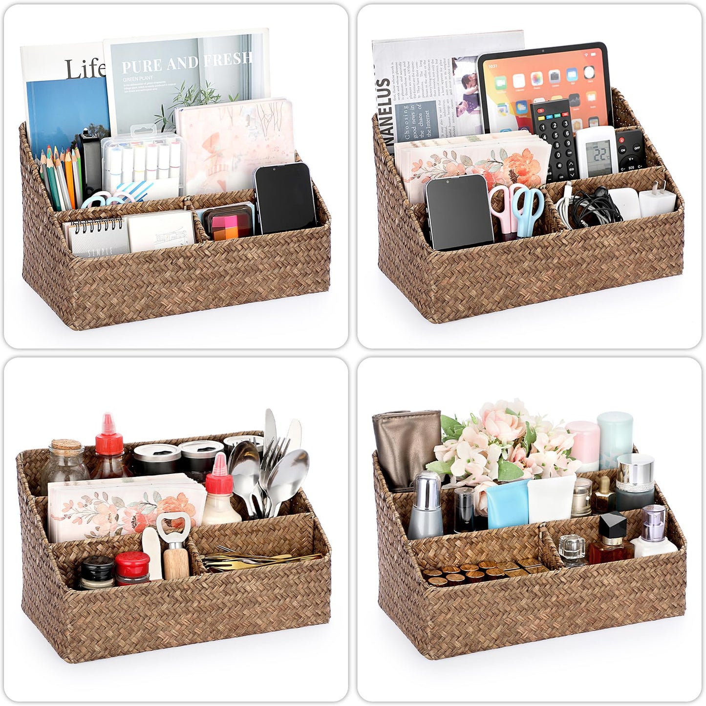 BTSKY Natural Seagrass Desk Organizer, Handmade Woven Wicker Mail Sorters with 4 compartments, Office Supply Caddy Accessories Holder Organizer for School, Home