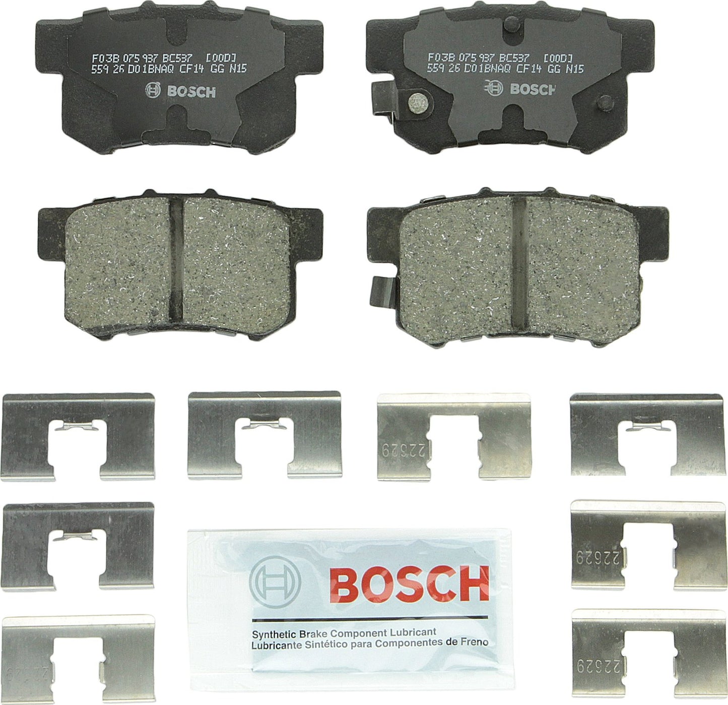 Bosch BC537 QuietCast Premium Ceramic Disc Brake Pad Set For: Acura CL, CSX, ILX, RSX, TL, TSX, Vigor; Honda Accord, Civic, CR-Z, Prelude, S2000; Suzuki Kizashi, SX4, Rear