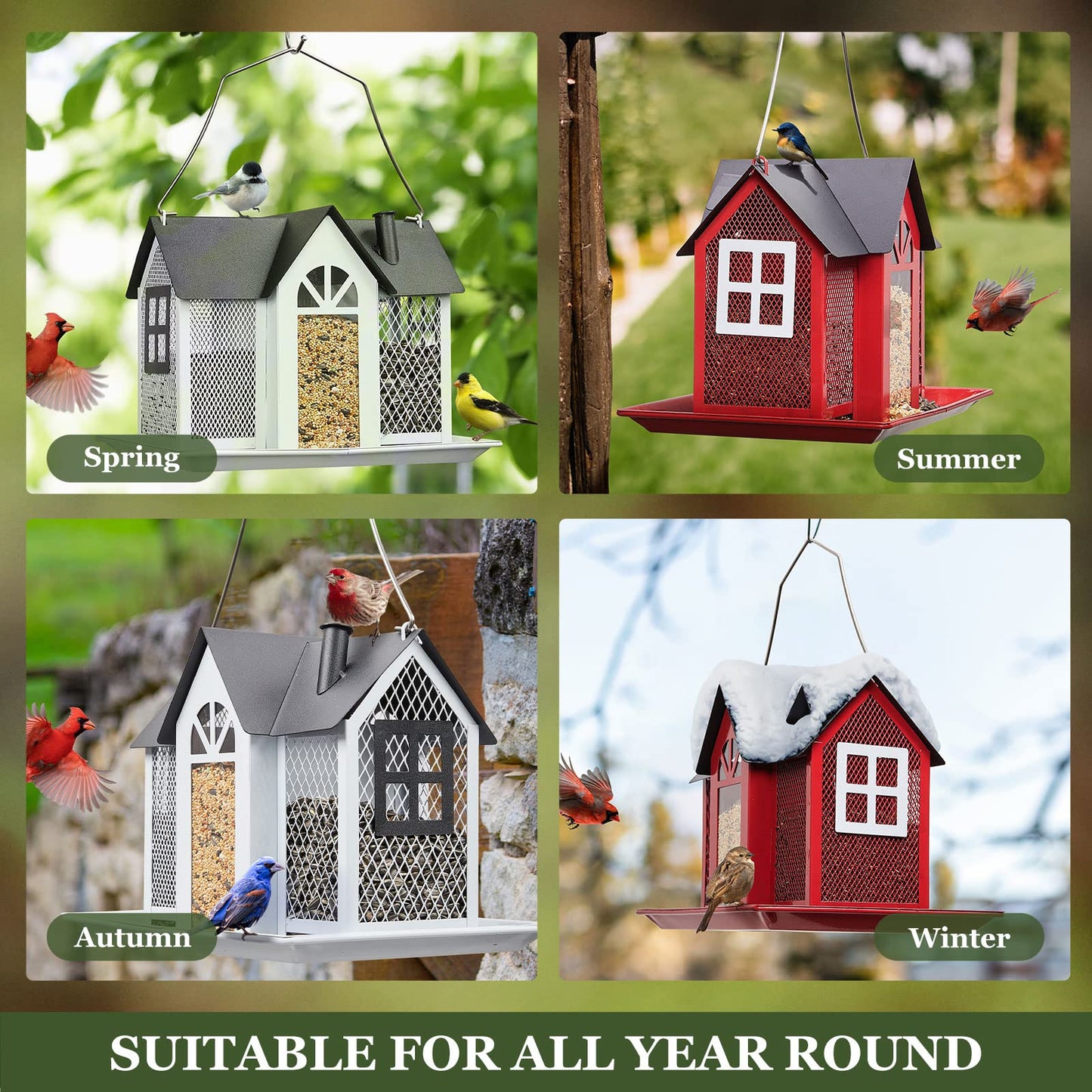 Kingsyard Bird Feeder House for Outside, Metal Mesh Wild Bird Feeder with Triple Feeders for Finch Cardinal Chickadee, Large Capacity, Weatherproof and Durable, Black Roof