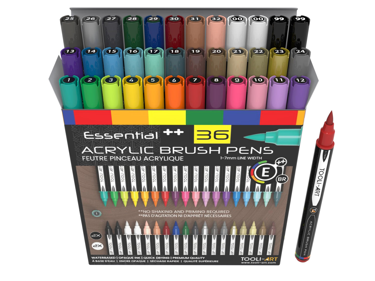 36 Flexible Brush Tip Acrylic Paint Pens Markers Set 1-7mm Line for Rock Painting, Brush Lettering, Scrapbooking, Glass, Mugs, Wood, Metal, Canvas, Fabric, Plastic. Non Toxic Waterbased Quick Drying