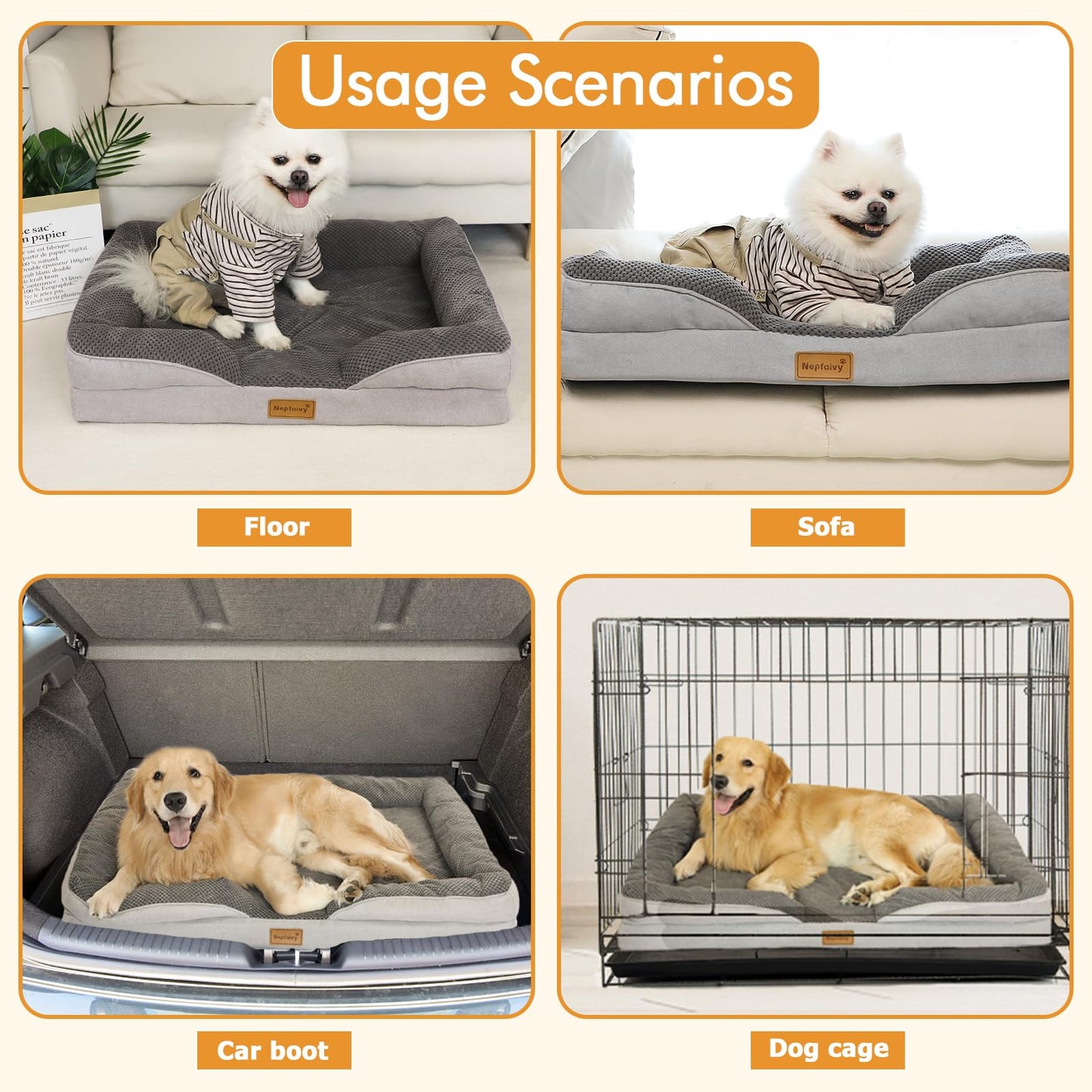 Nepfaivy Dog Bed Large Waterproof - Bolster Dog Bed for Large Dogs with Removable and Washable Cover, Dark Grey, 91x68cm