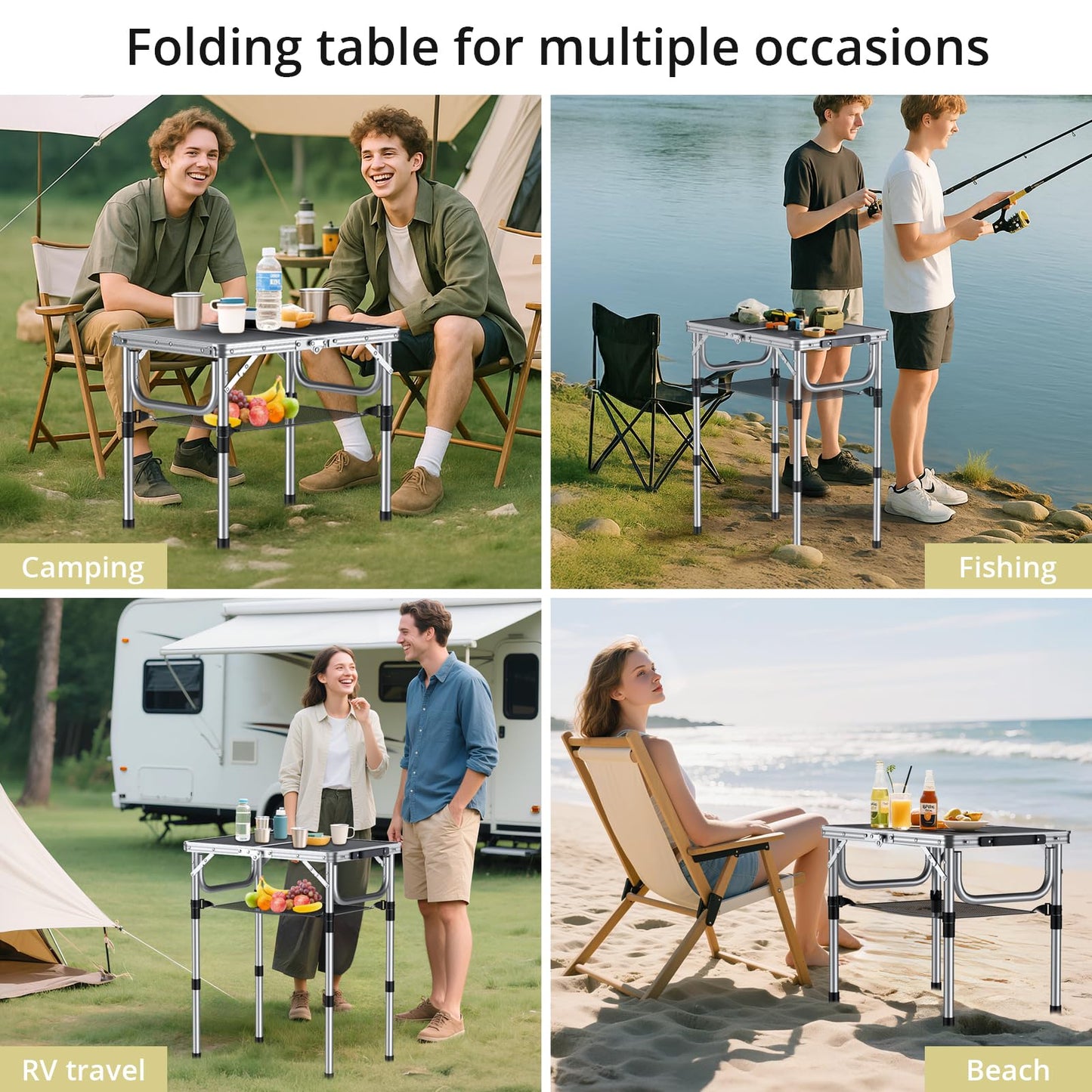 Anbte Folding Camping Table with Storage Net, 3 Adjustable Heights Aluminum Outdoor Tables, Lightweight, Waterproof, for Outdoor Indoor Picnic Beach Kitchen Picnic Backyard, 24" x 16", Black