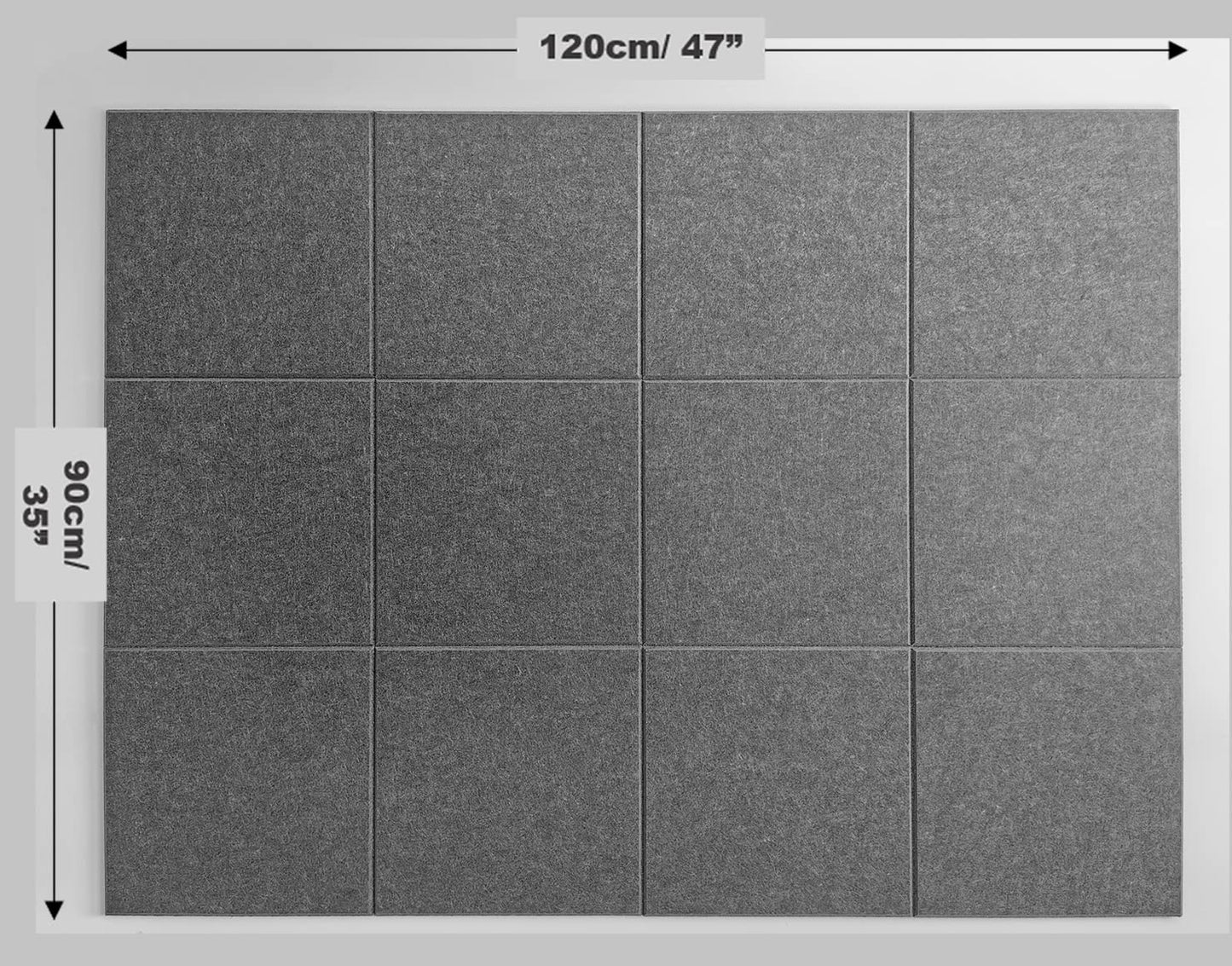 DECORITA Large Cork Board Alternative - 47x35in 12 Pack Felt Wall Tiles With Safe Removable Adhesive Tabs - Pin Board for Office, Tack Board 48 x 36 - Gray